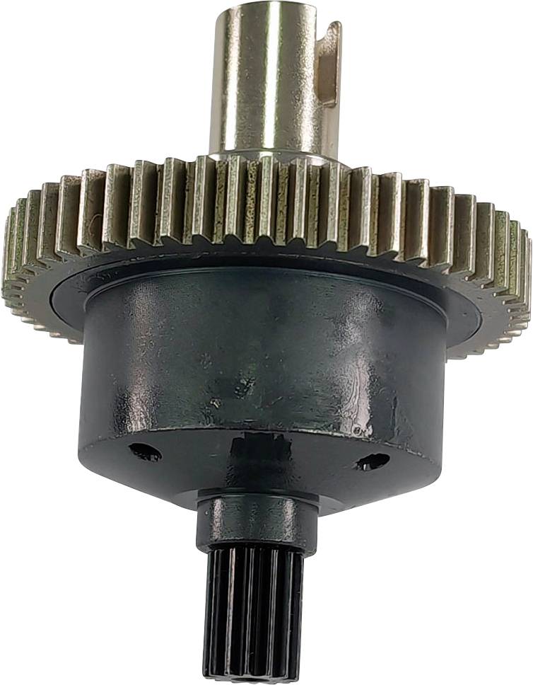 A gear system with a large bronze-coloured gear at the top and a black housing beneath it, displaying mechanical connecting elements.