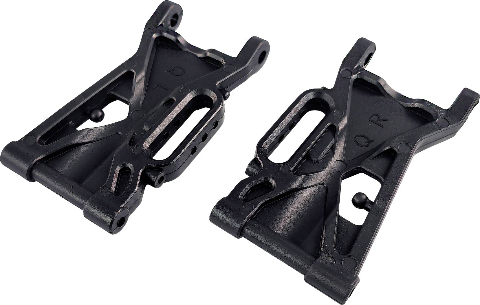 Two black metal components with textured surfaces, symmetrically positioned side by side. They appear like technical parts.