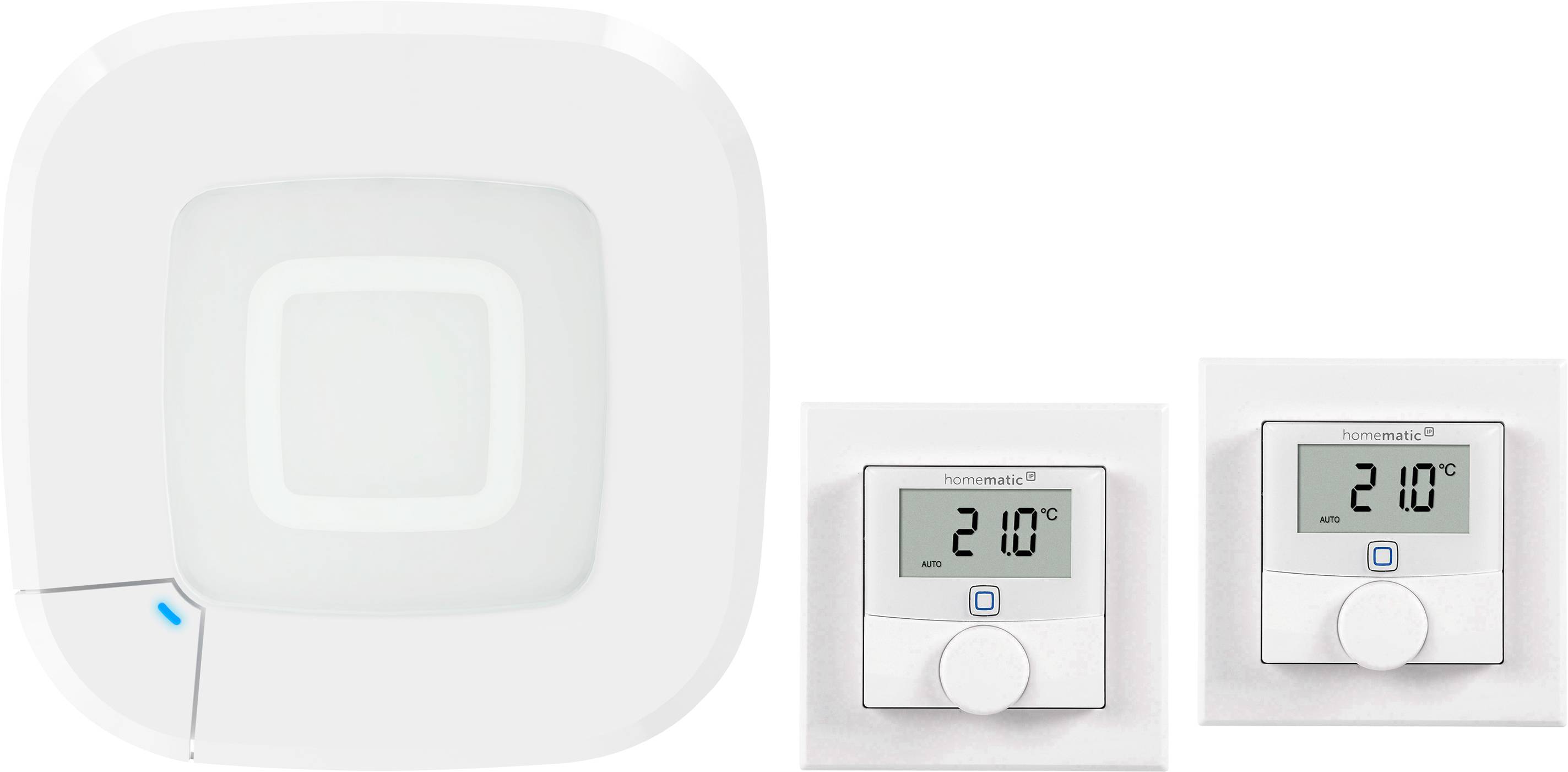 A digital thermostat system with two displays showing temperatures at 21.0°C. The central device is the control hub.