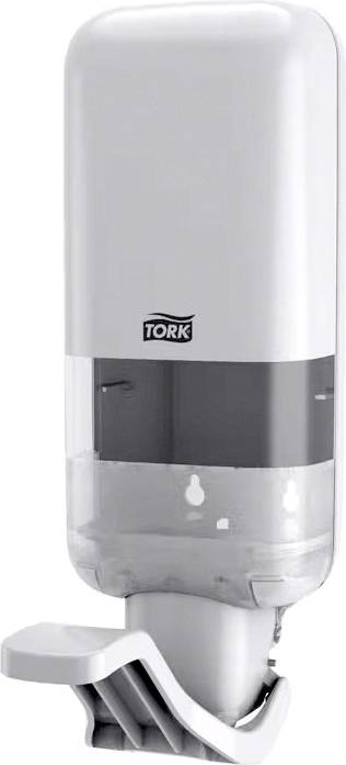 Soap dispenser with a transparent container and grey pump mechanism.