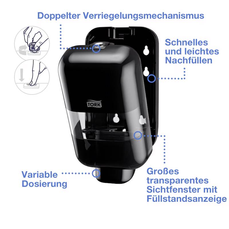 The donor shows 'Double Locking Mechanism', 'Quick and Easy Refilling', 'Variable Dosage', 'Large Transparent Viewing Window with Fill Level Indicator'.