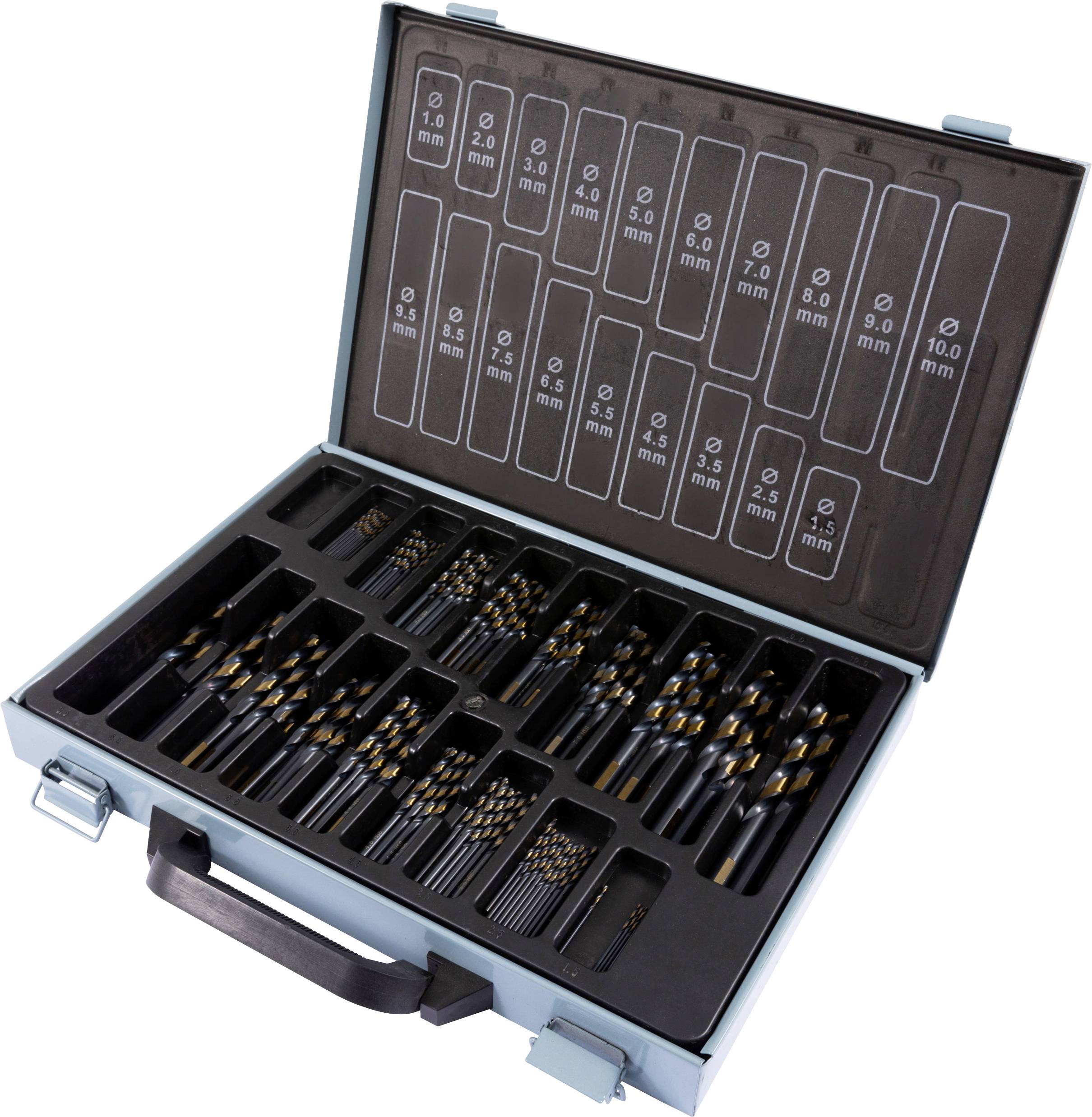 A blue case open to display assorted drill bits, each labeled with sizes ranging from 1.0 mm to 10.0 mm, organized in rows.
