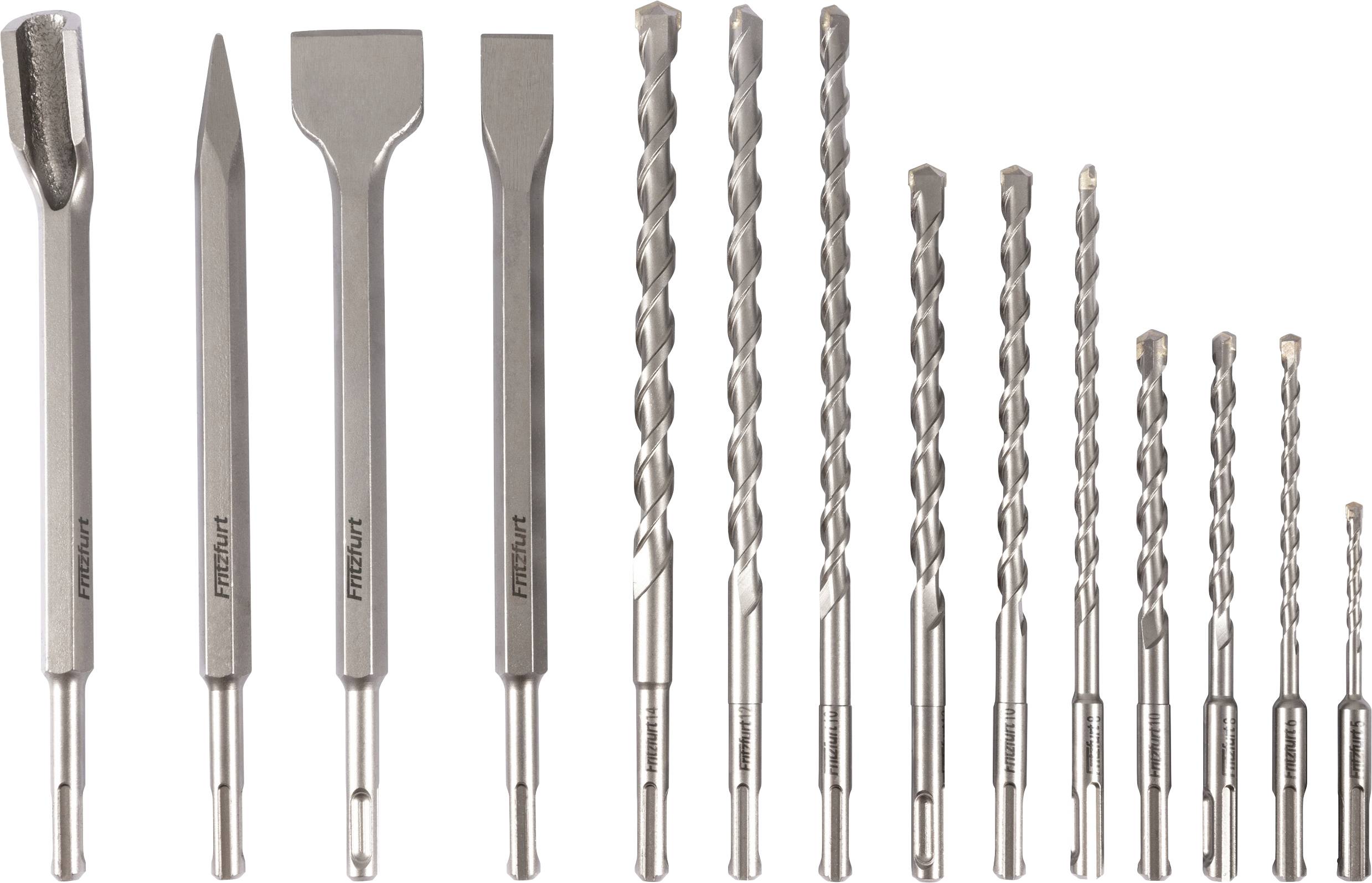 Silver tool set includes flat, chisel, and spiral drill bits of varying lengths and sizes, aligned in a row on a white background.