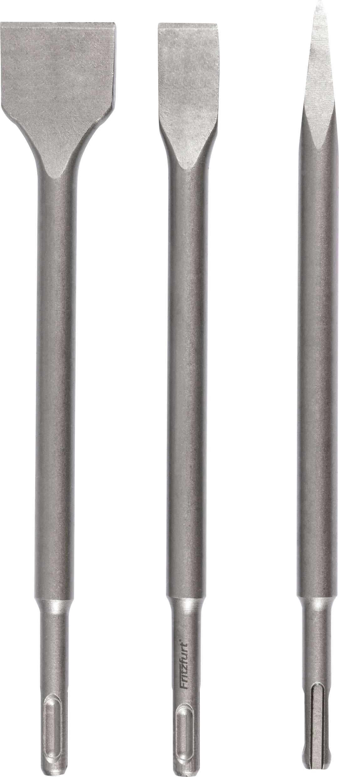 Three different chisel drill bits are shown: a flat-tipped, wide chisel on the left, a standard flat chisel in the middle, and a pointed chisel on the right.
