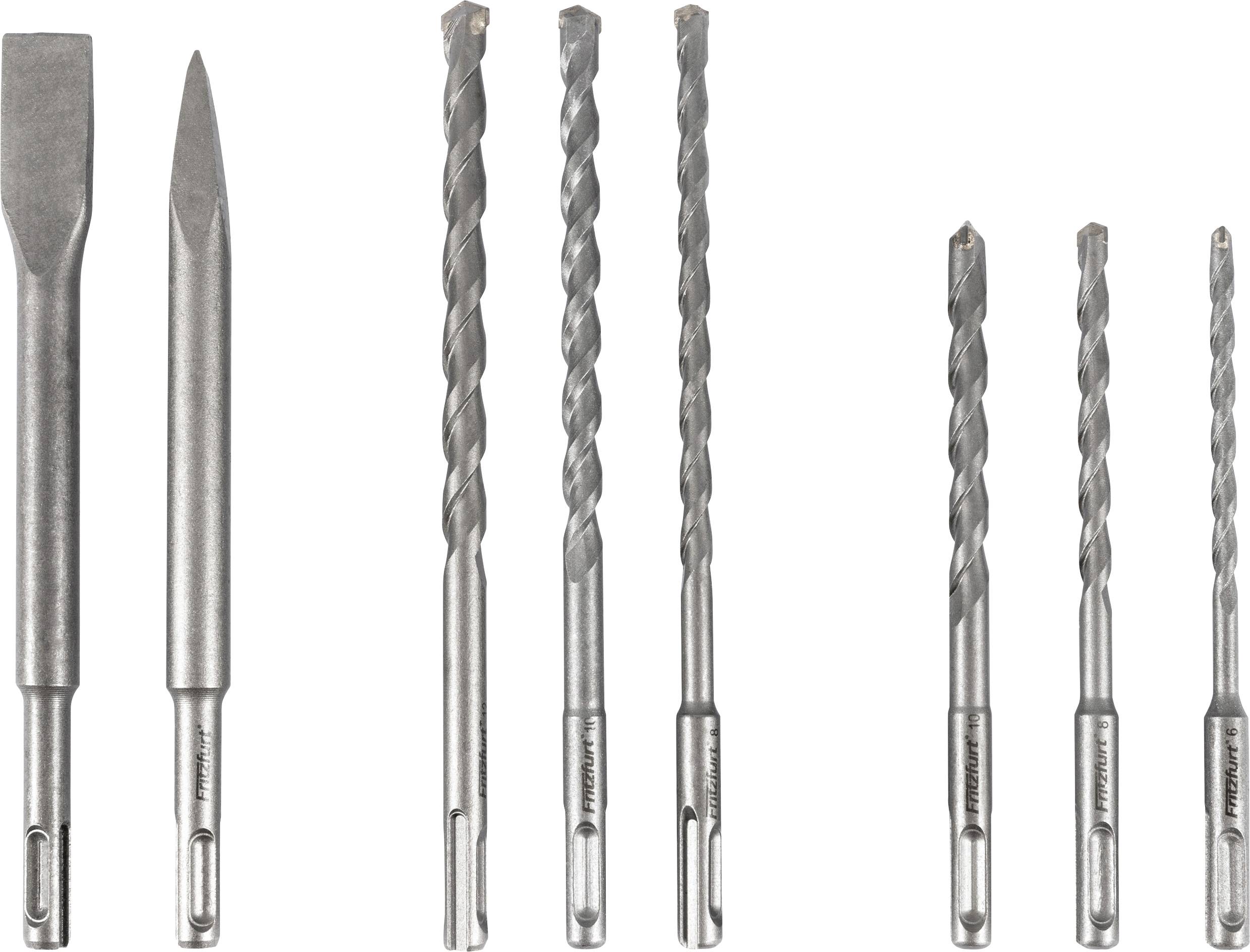 A set of six drill bits and two chisels arranged vertically, used for various drilling and chiseling tasks in construction or DIY projects.