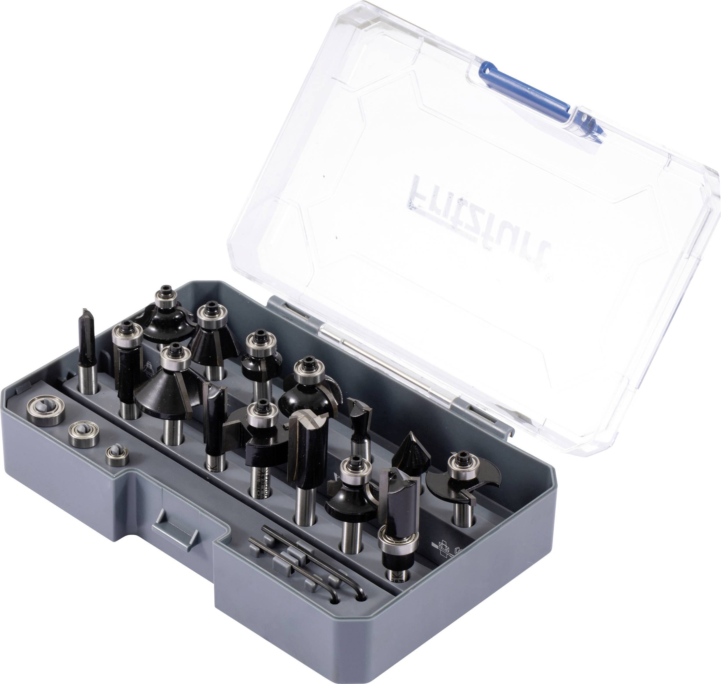 A plastic case containing a set of various router bits used for woodworking, with a transparent lid and organized slots for each bit.