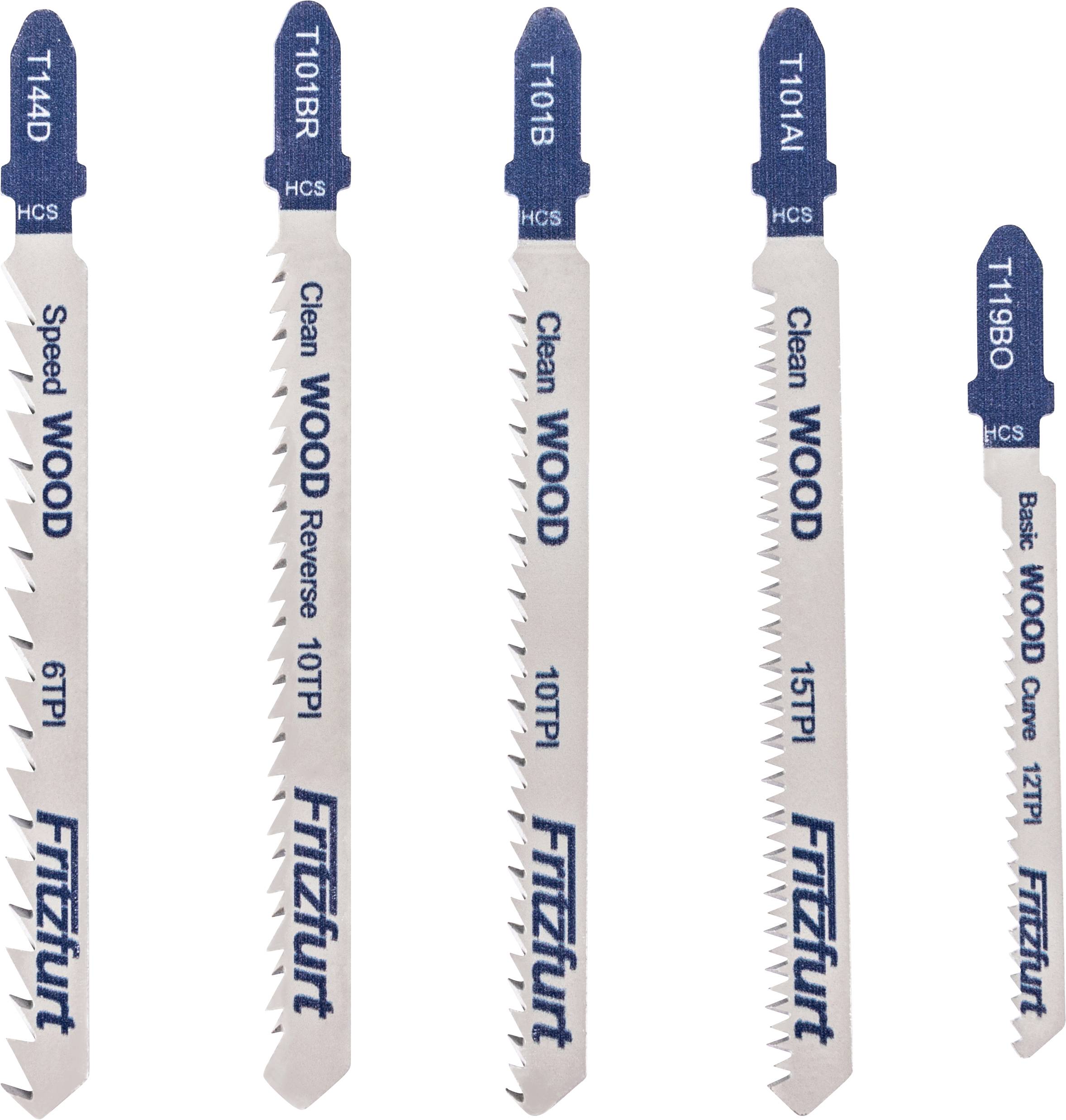 Five jigsaw blades labeled 'Speed Wood', 'Clean Wood Reverse', 'Clean Wood', 'Clean Wood', and 'Basic Wood'. Different tooth counts.