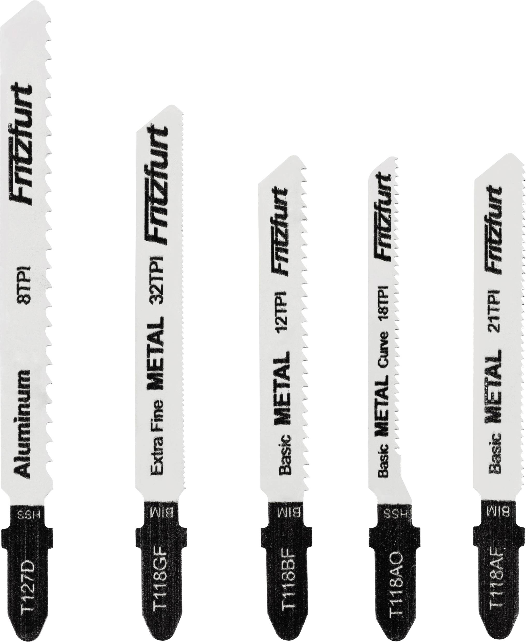 Saw blades for metal cutting, five types: 8TPI Aluminum, 32TPI Extra Fine, 12TPI Basic, 18TPI Basic Curve, 21TPI.