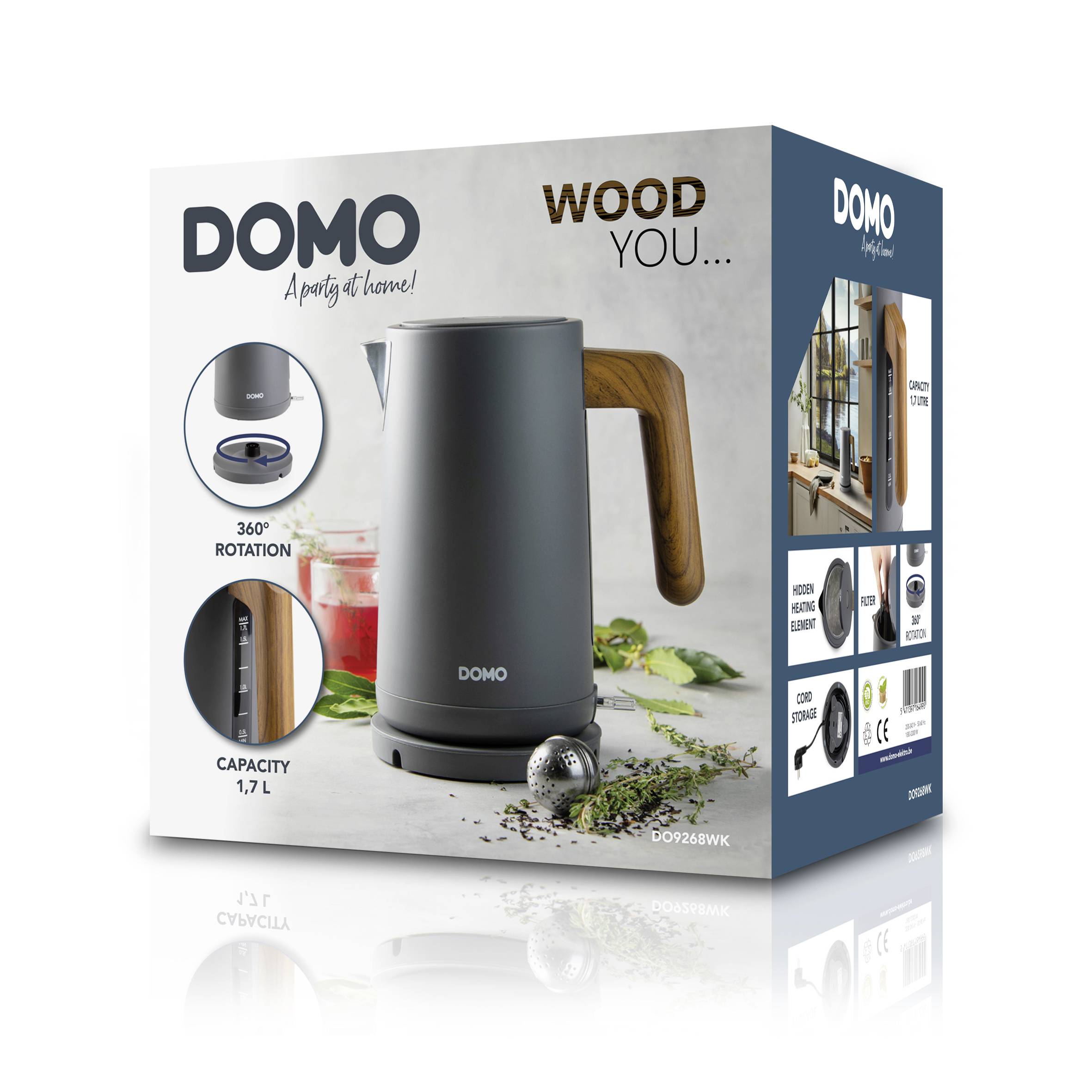 Electric kettle 'DOMO' with wooden handle on packaging. Capacity 1.7 L, 360° swivel base. Product images and teapot in the background.