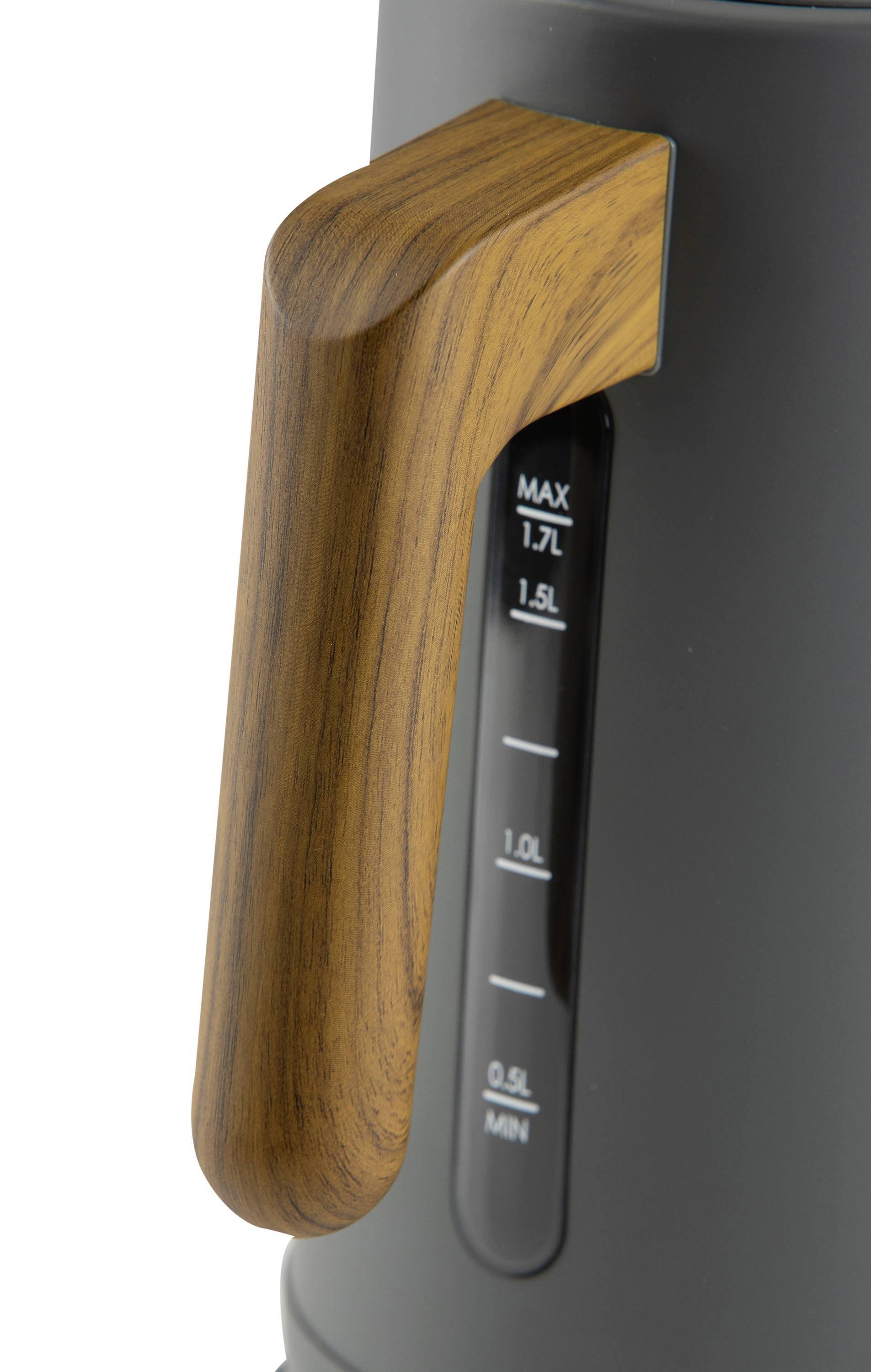 A kettle with a wood-effect handle and water level indicator, suitable for 0.5 to 1.7 litres.
