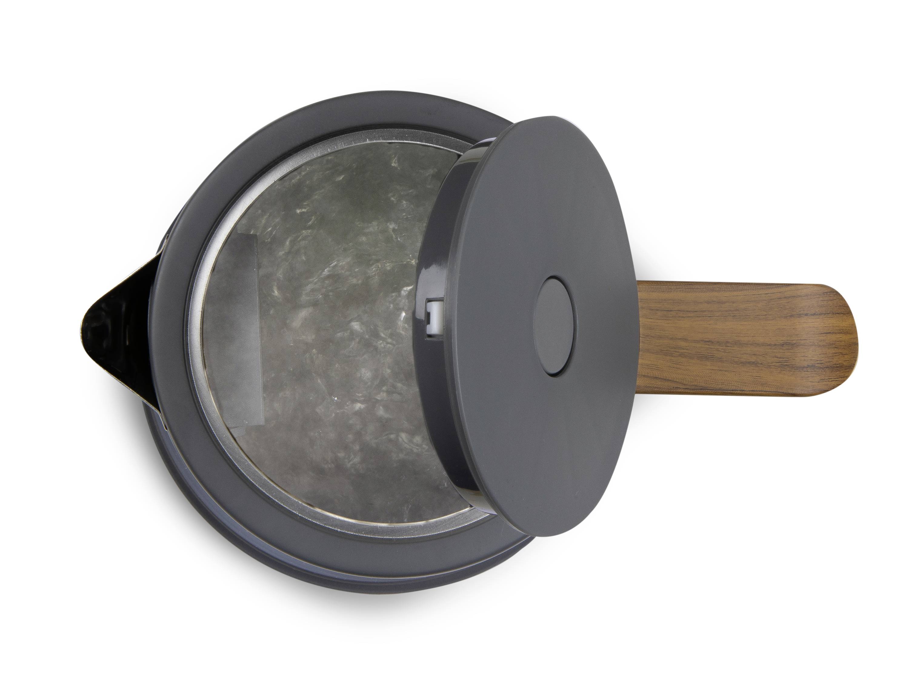 Pot with wooden handle and half-open lid, viewed from above
