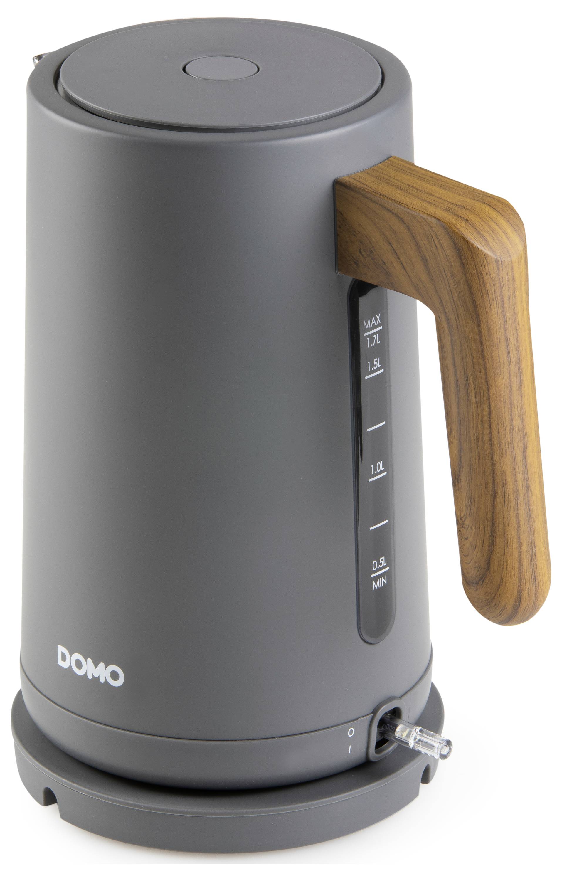 Grey kettle with wooden handle, brand 'DOMO', maximum capacity of 1.7 litres, sits on a round base.