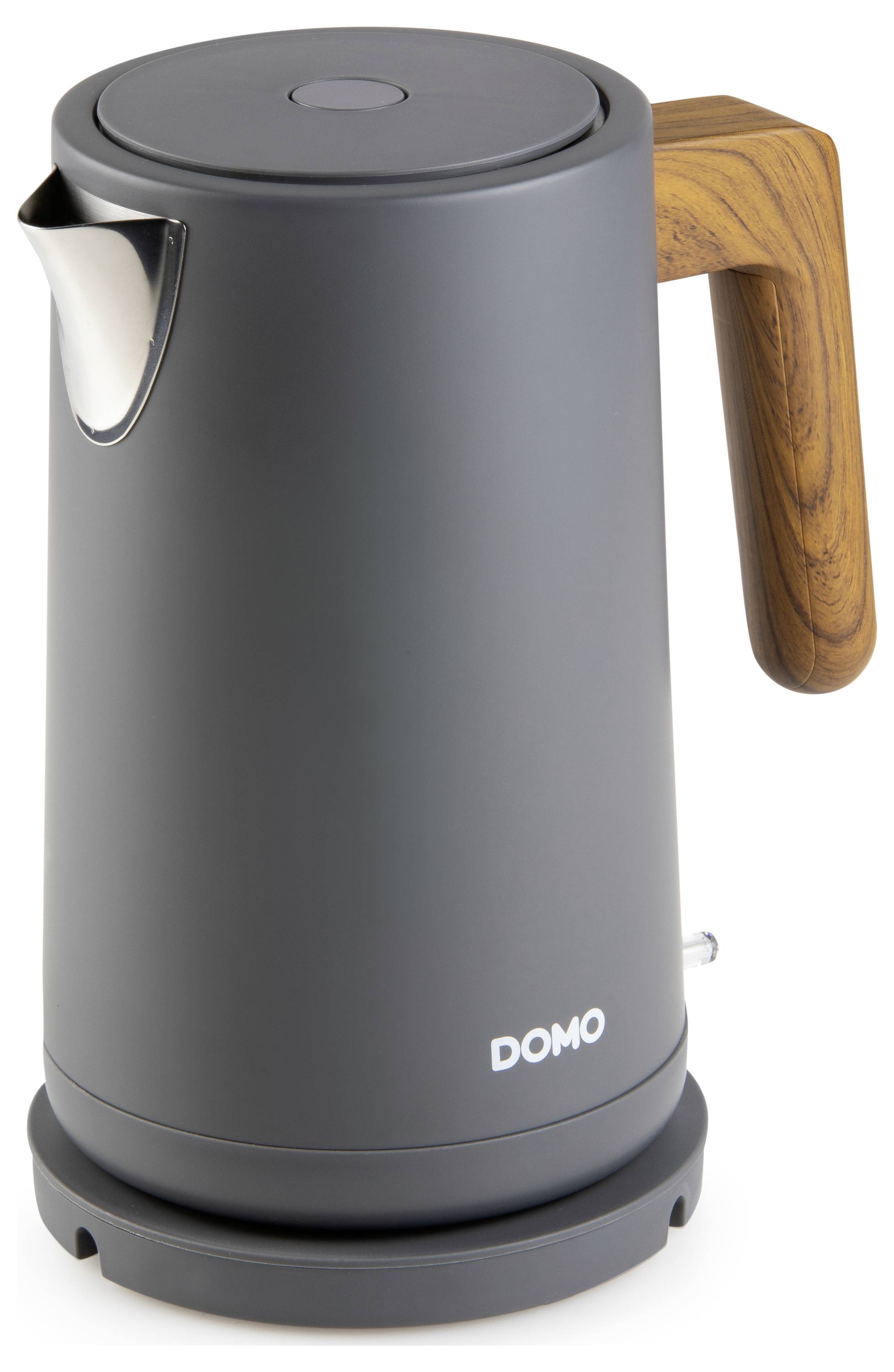 A grey-black kettle with a wooden-coloured handle and silver spout sits on a base. 'DOMO' marking visible.