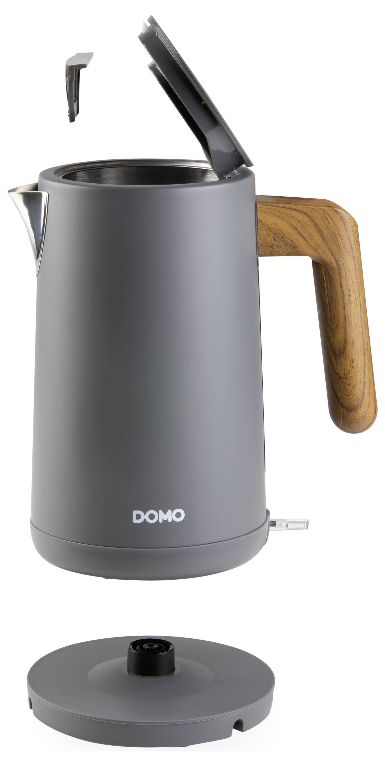 Grey kettle with wooden handle, removable lid, and separate stand. Domo model.