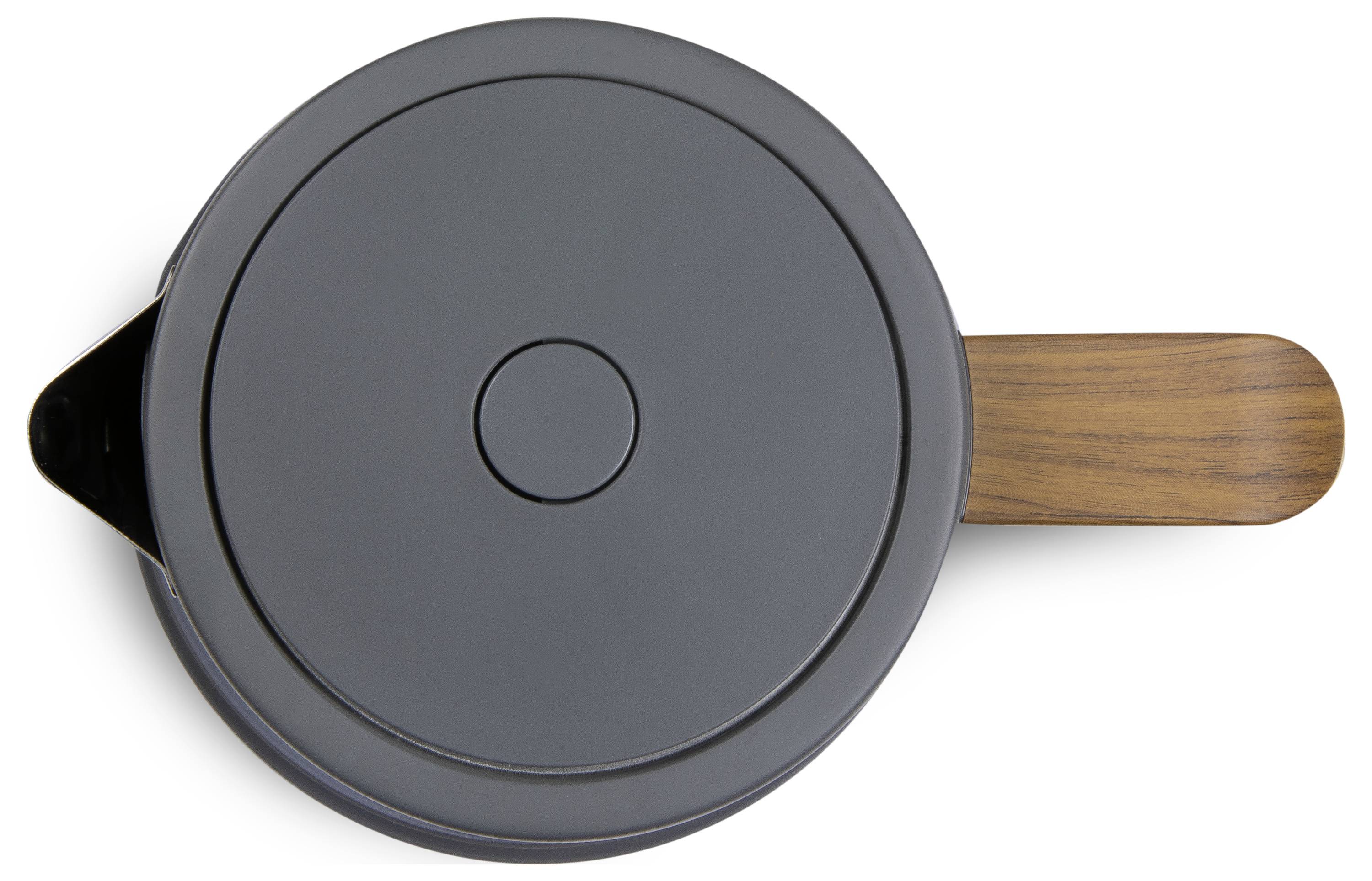 A black frying pan with a wooden handle, viewed from above. It has a round lid and a modern design.