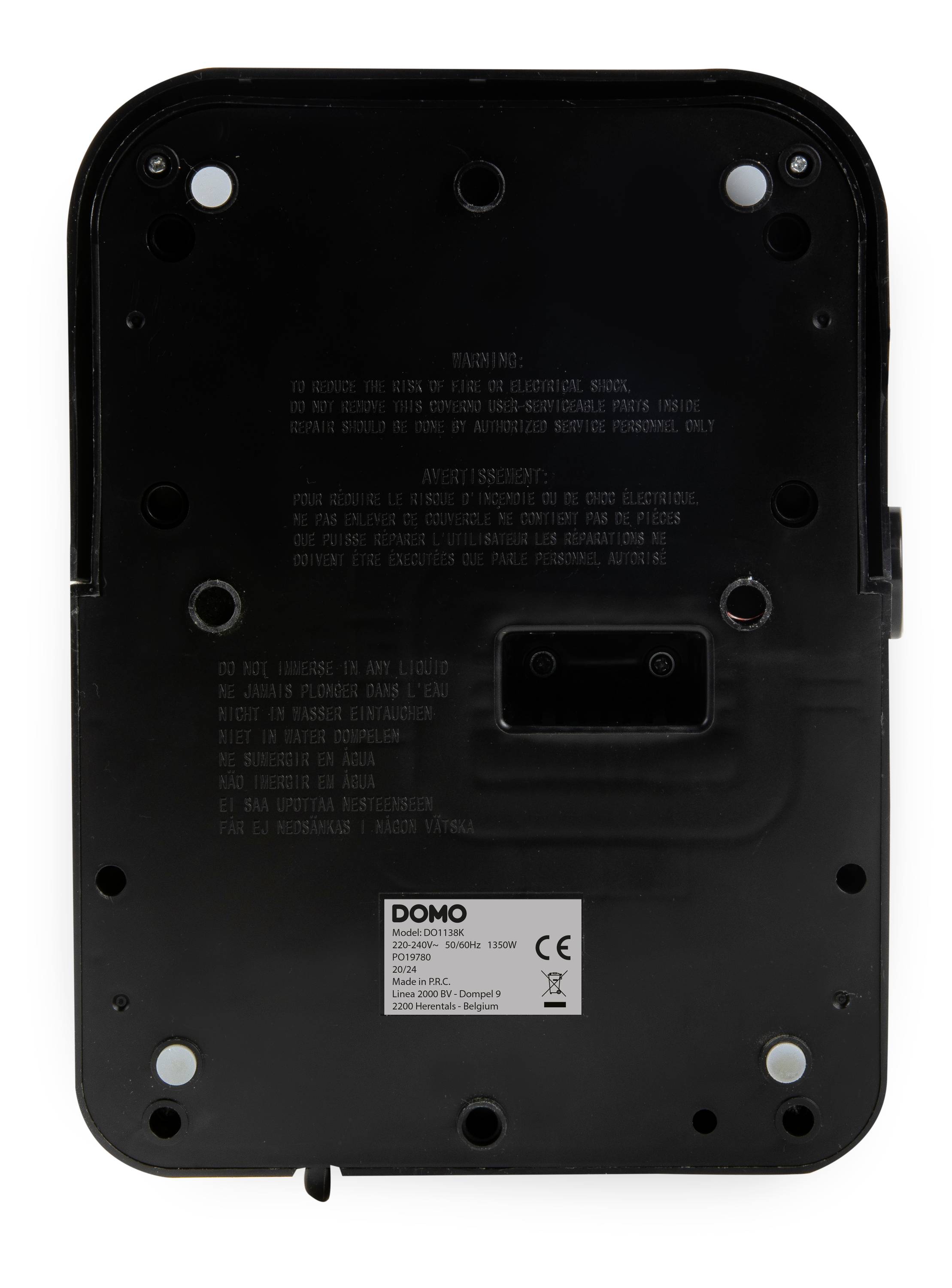 'DOMO' trademark on black device with technical information and CE marking below, surrounded by screw holes.