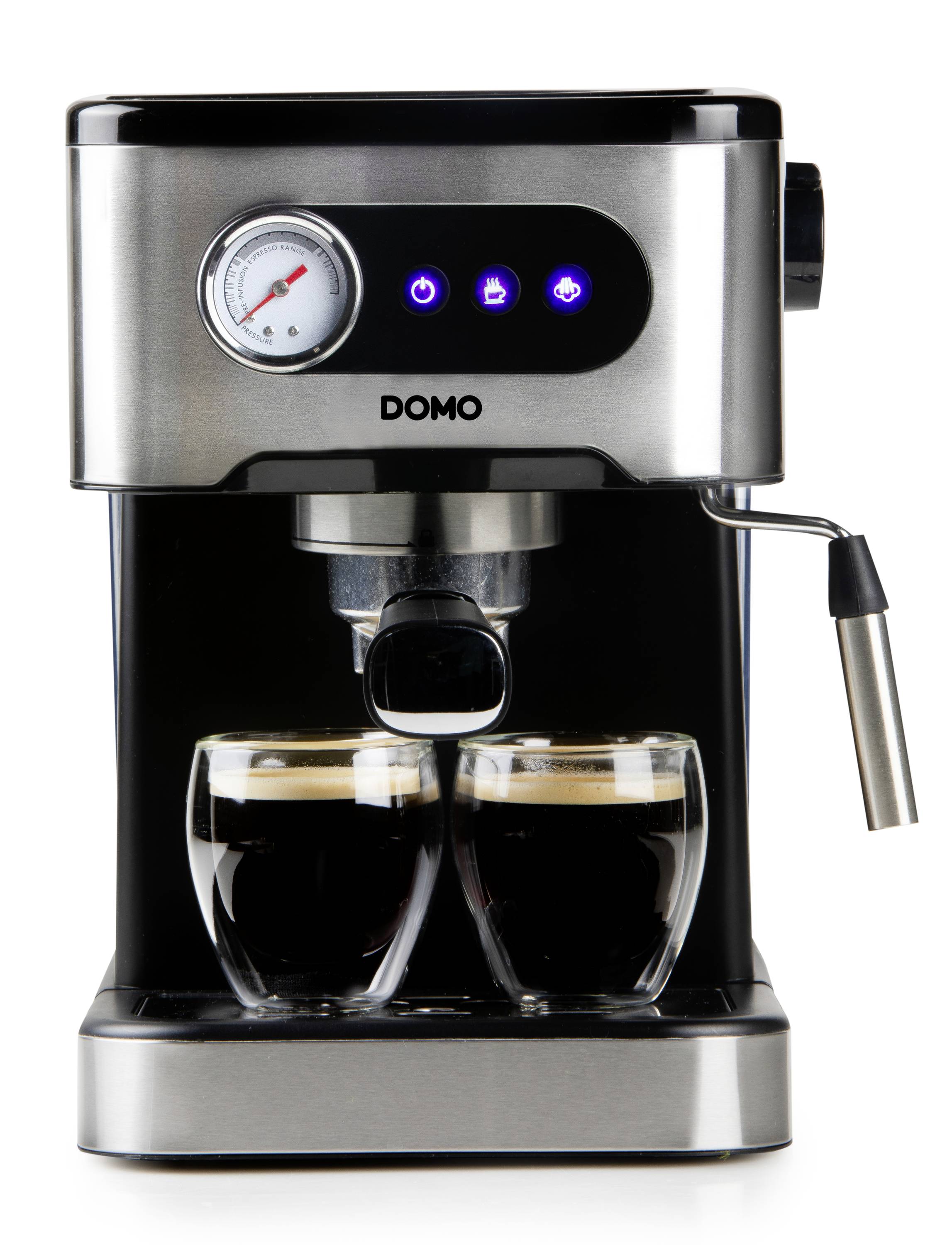Espresso machine with two filled glasses underneath; shows blue button symbols and a pressure gauge.