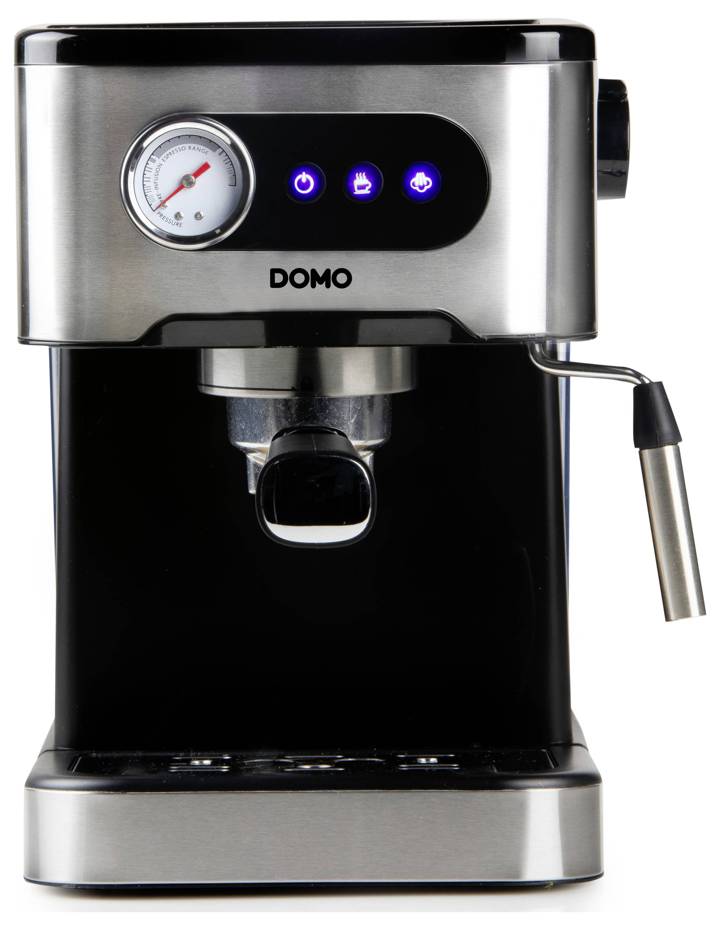 Black espresso machine with steam wand, pressure gauge and blue illumination.