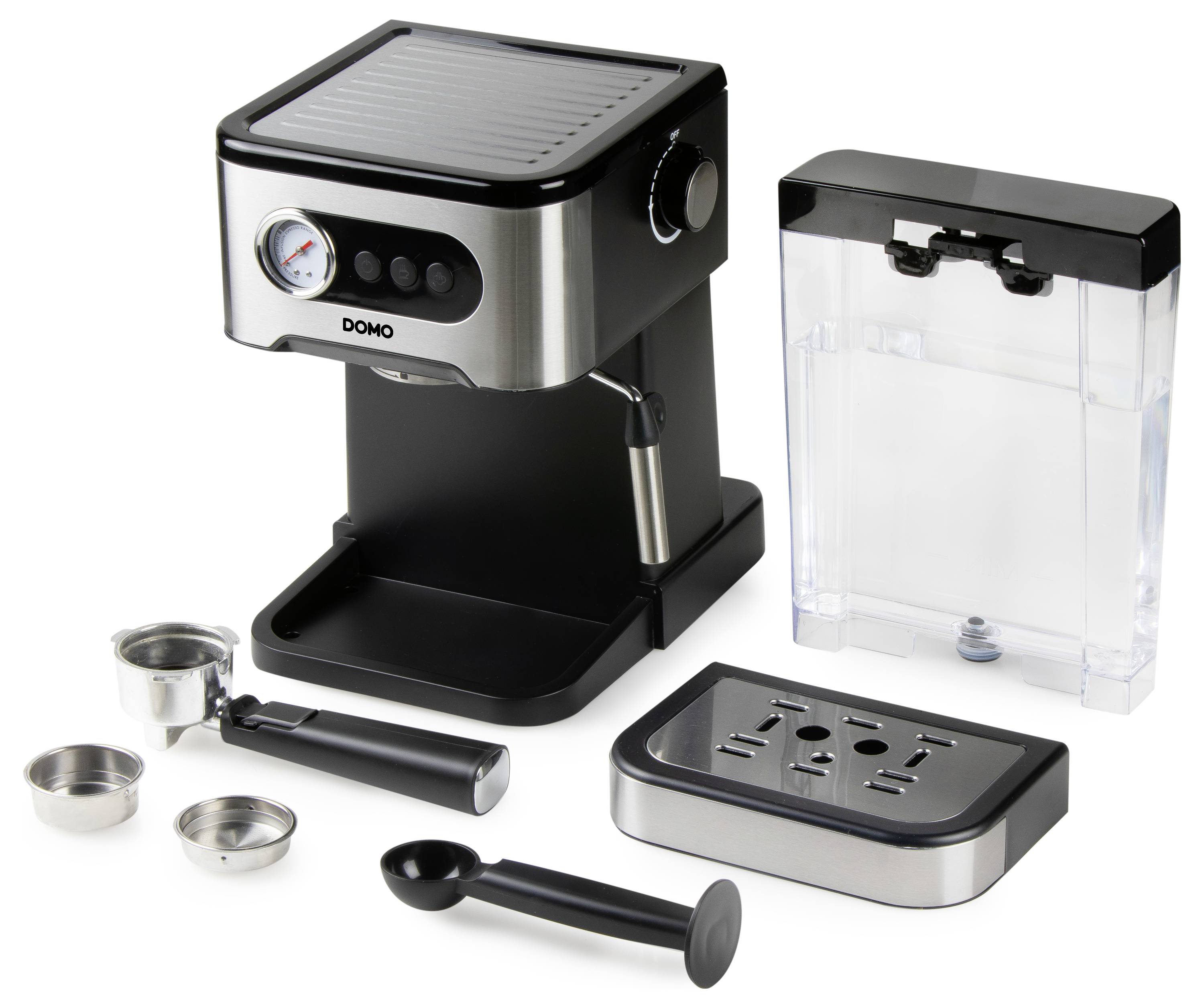 Coffee machine with pressure gauge, removable water tank and accessories: portafilter, tamper and filter inserts. Ideal for espresso.