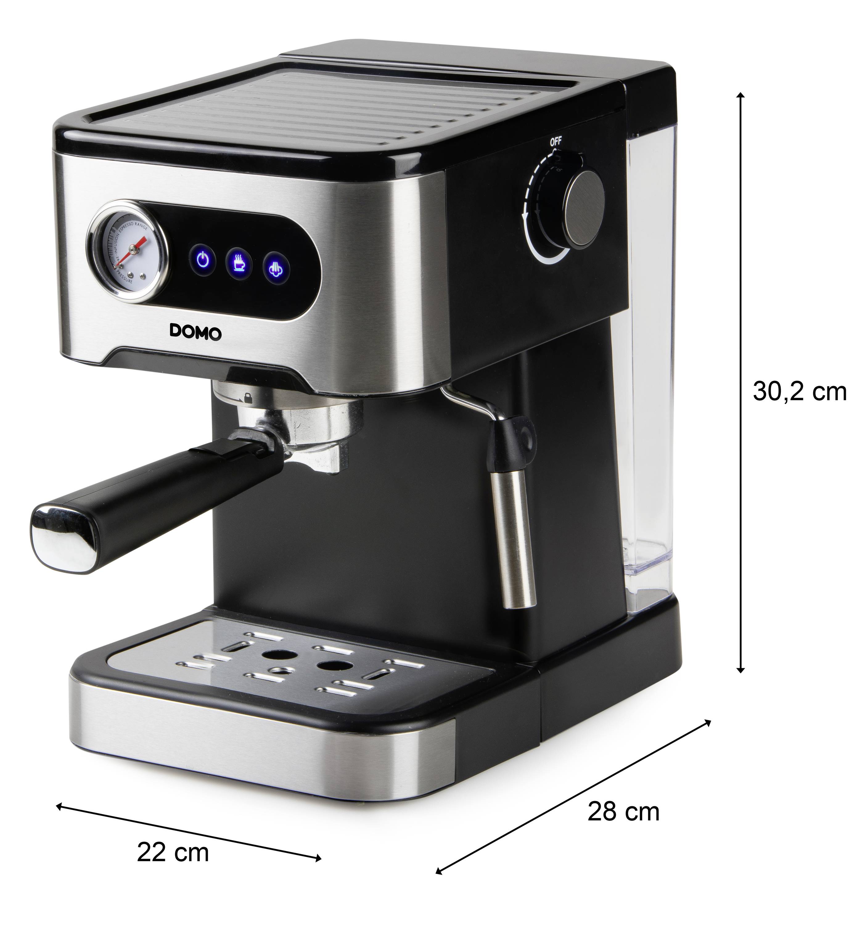 Espresso machine with steam wand, pressure gauge and water tank. Black casing with silver accents. Dimensions: 22 cm x 28 cm x 30.2 cm.