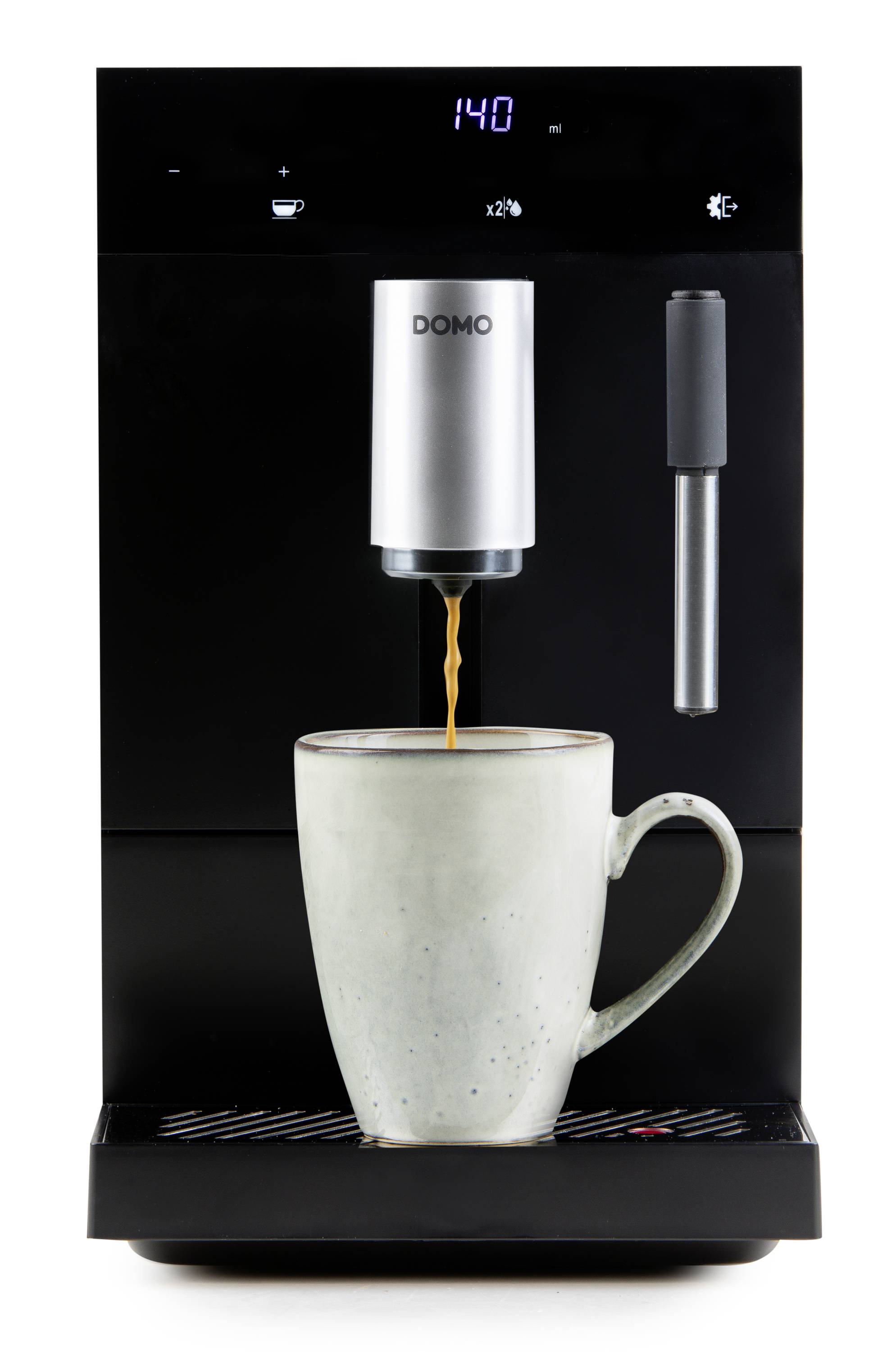 A coffee machine fills a cup with coffee. The machine displays '1:40' on a digital display.