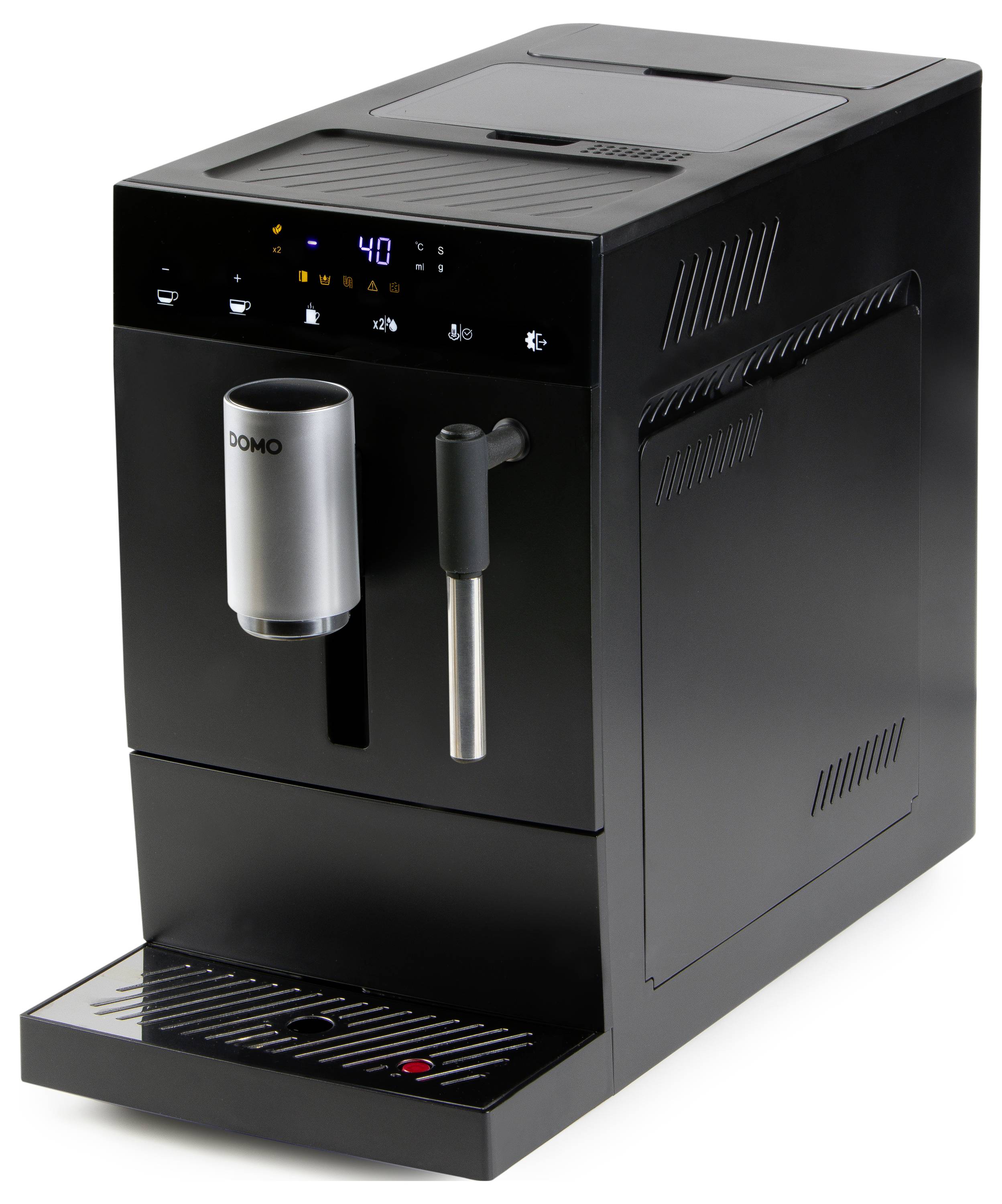 Black coffee machine with silver dispensing spout and steam nozzle. LED display shows operational status. Elegantly and modernly designed.