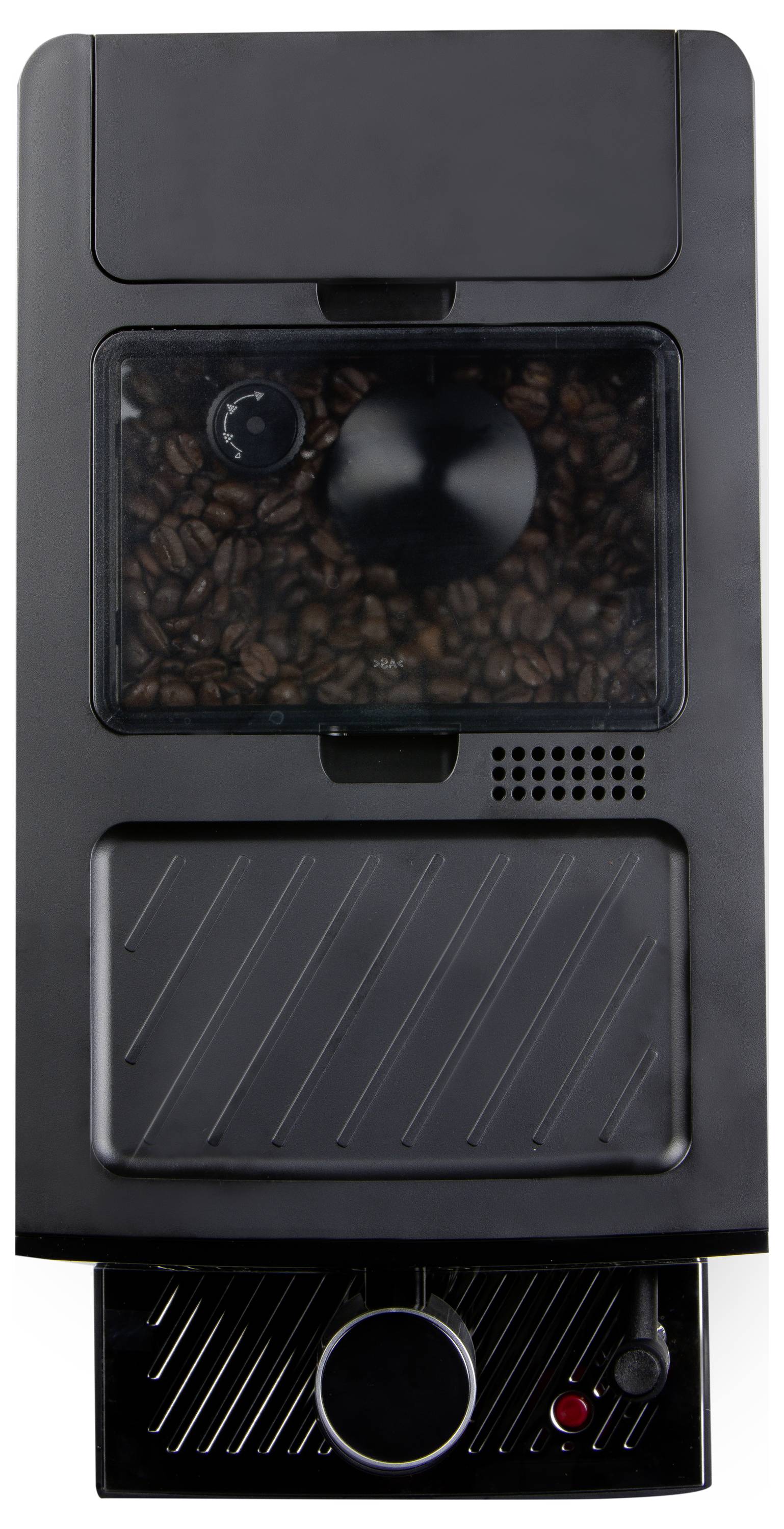 Automatic coffee machine with a transparent bean container on top, black surface, and control panel at the bottom.