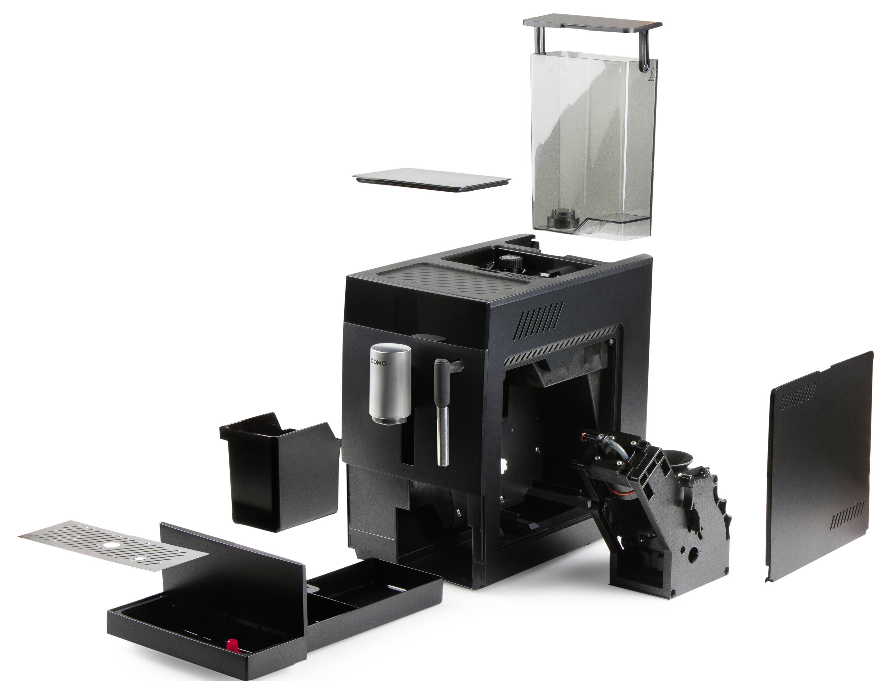Dismantled coffee machine with visible components: water tank, bean container, brewing unit, and drip tray.