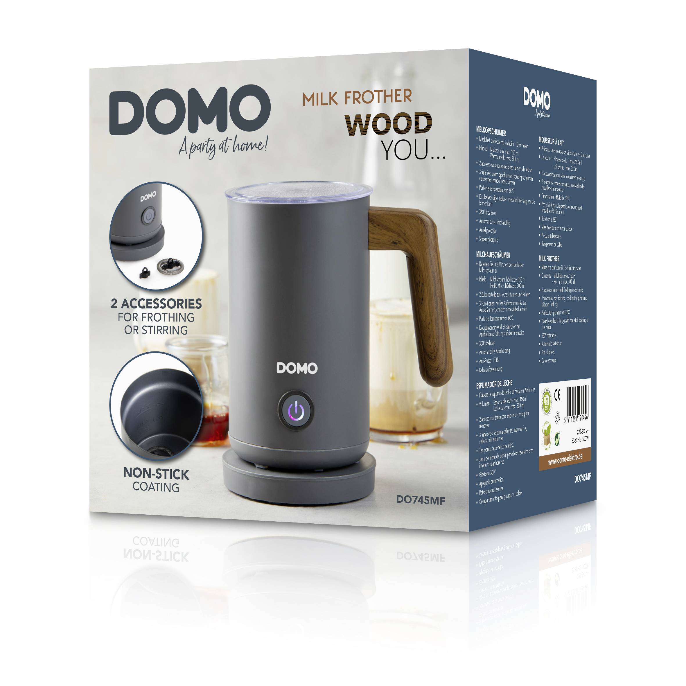 Milk frother with wooden-style handle on packaging. Contains accessories for frothing or stirring. Brand: DOMO, Model: DO745MF.