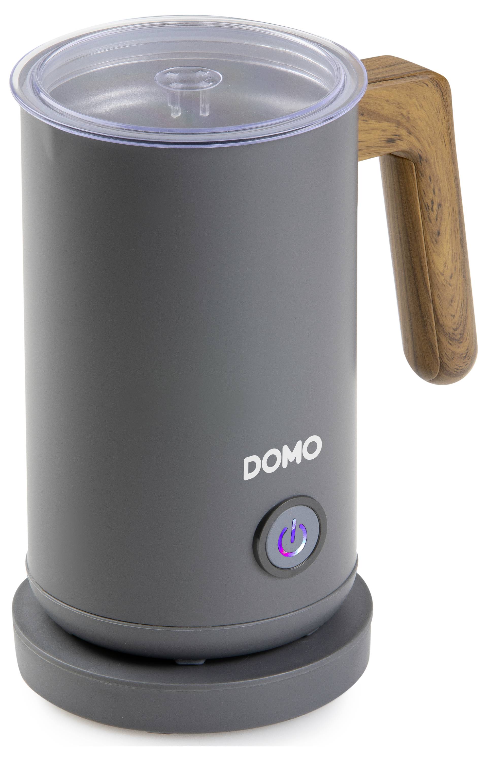 Black electric milk frother with wooden handle and on/off switch.