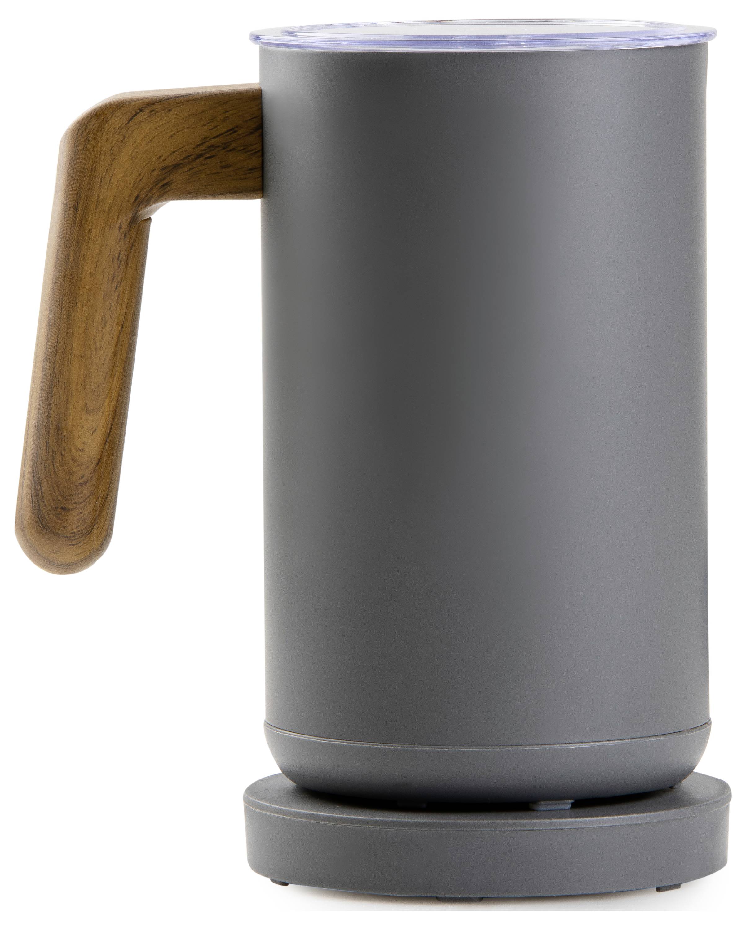 Dark grey electric milk frother with wooden handle on a base, for frothing and heating milk.