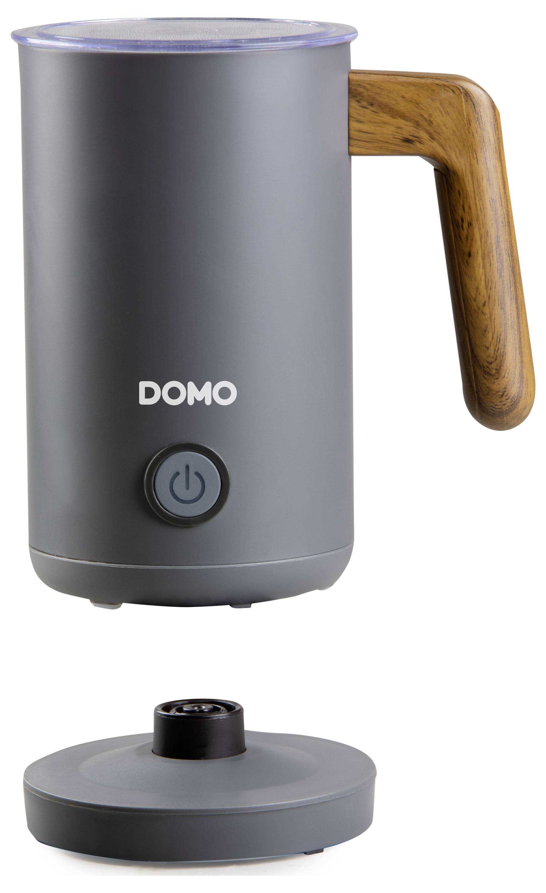 Electric milk frother with wooden handle and removable base. Grey casing with a button at the front. Ideal for cappuccino or latte.