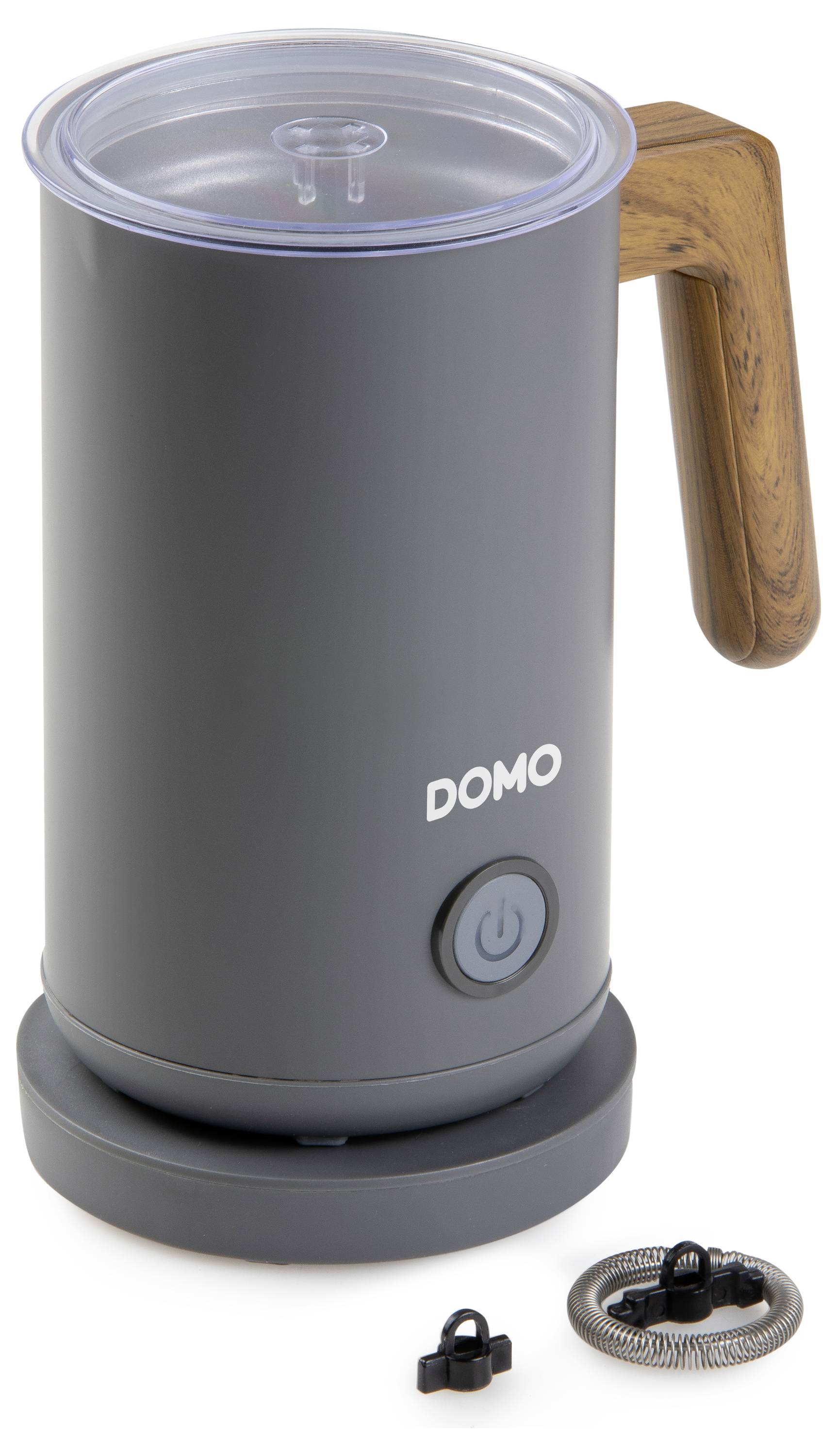 Grey electric milk frother with wooden handle, removable lid and two whisking attachments. 'DOMO' brand lettering on the front.