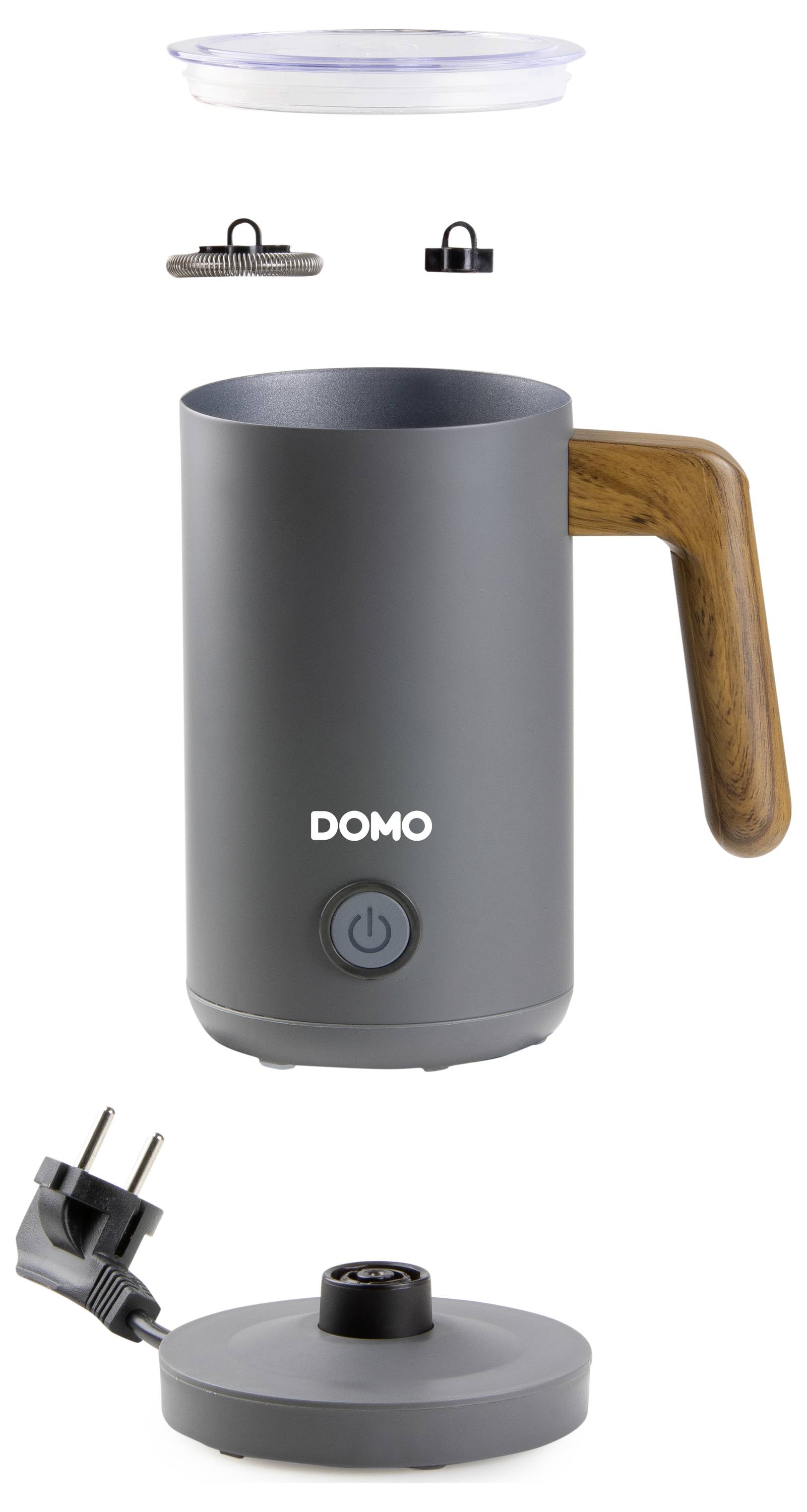 Electric milk frother in charcoal grey with wooden handle and removable base. Includes lid, whisking and frothing attachments.