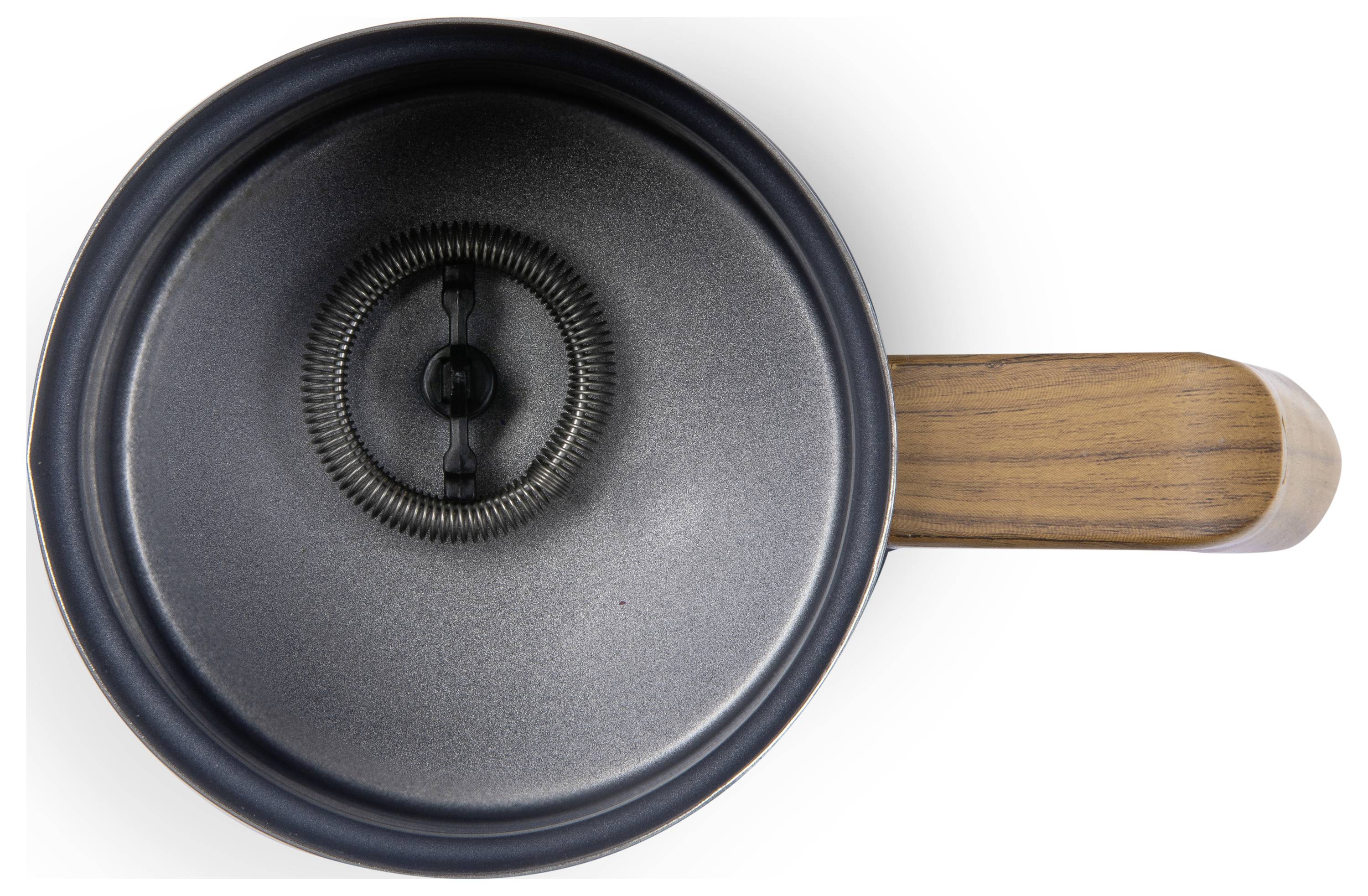 A saucepan with a wooden handle viewed from above. The pan has a metallic ring in the centre and is generally dark in colour.