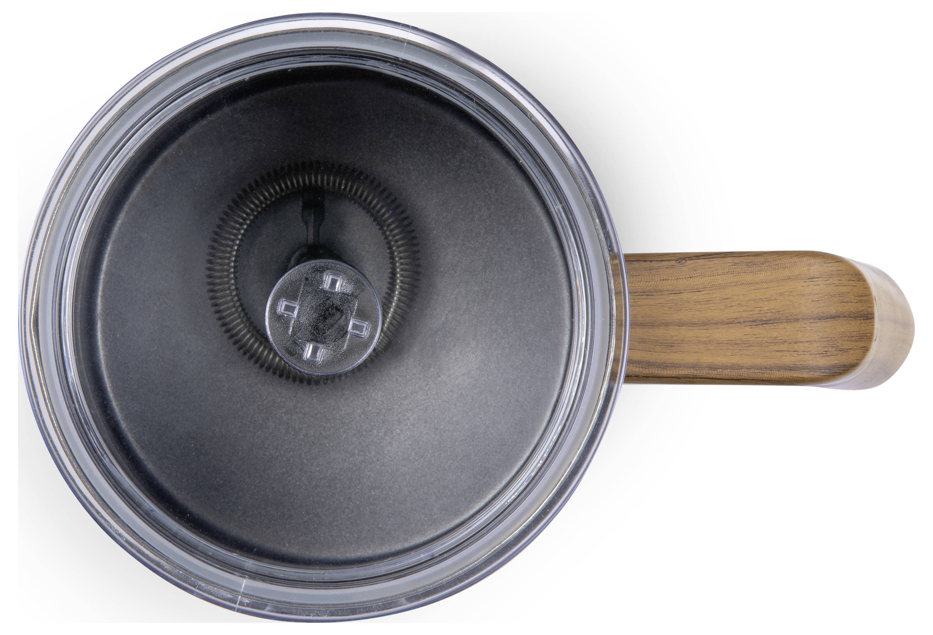 Top-down view of a closed pan with a glass lid and wooden handle, on a white background.
