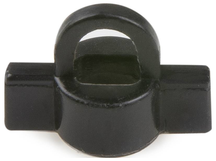 A black, metallic component with a U-shaped handle in the middle; looks like a fastener or a mounting bracket.