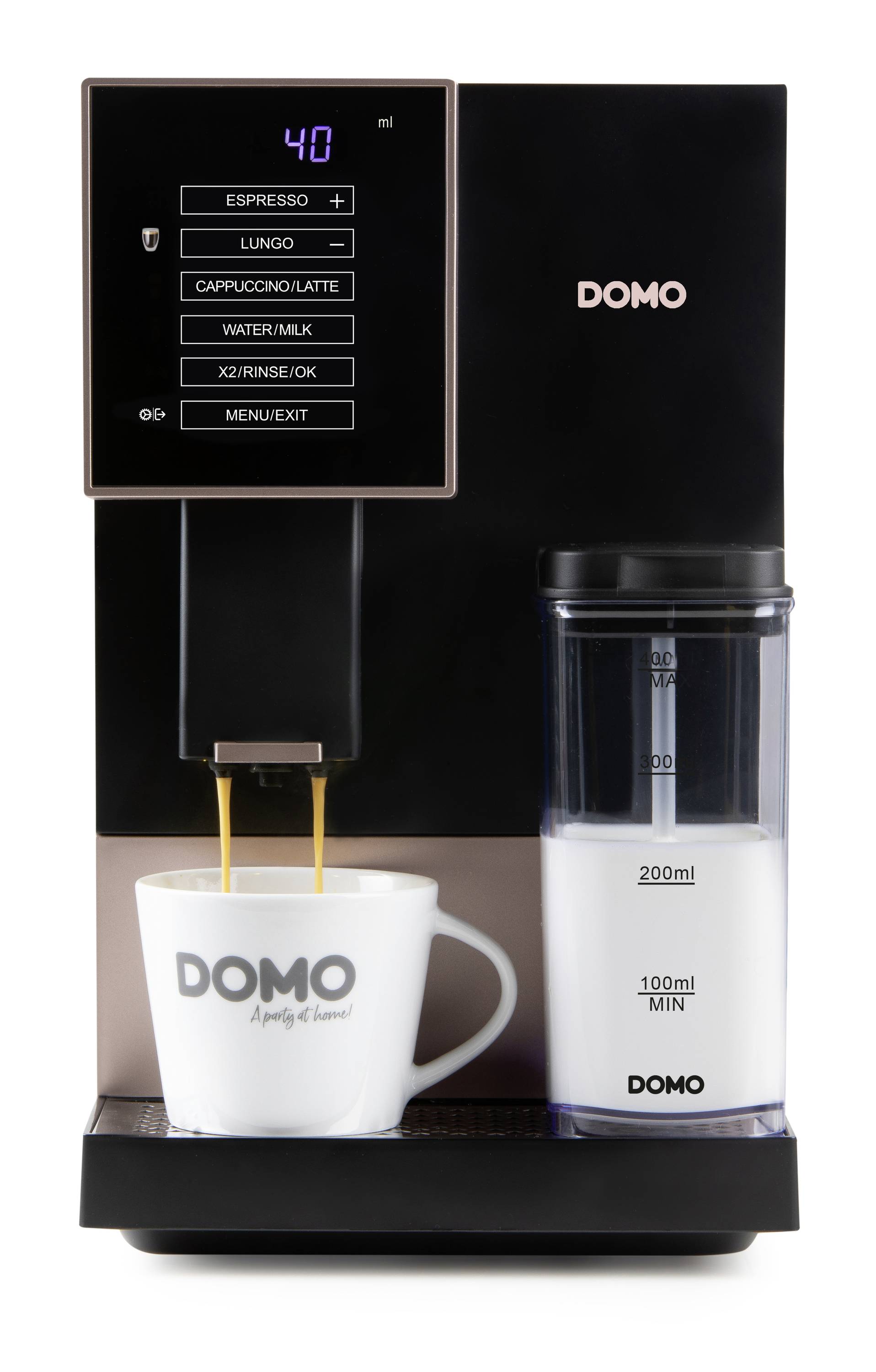 A black coffee machine with a display is preparing a coffee. A cup underneath is catching the coffee. A milk container is located on the right.