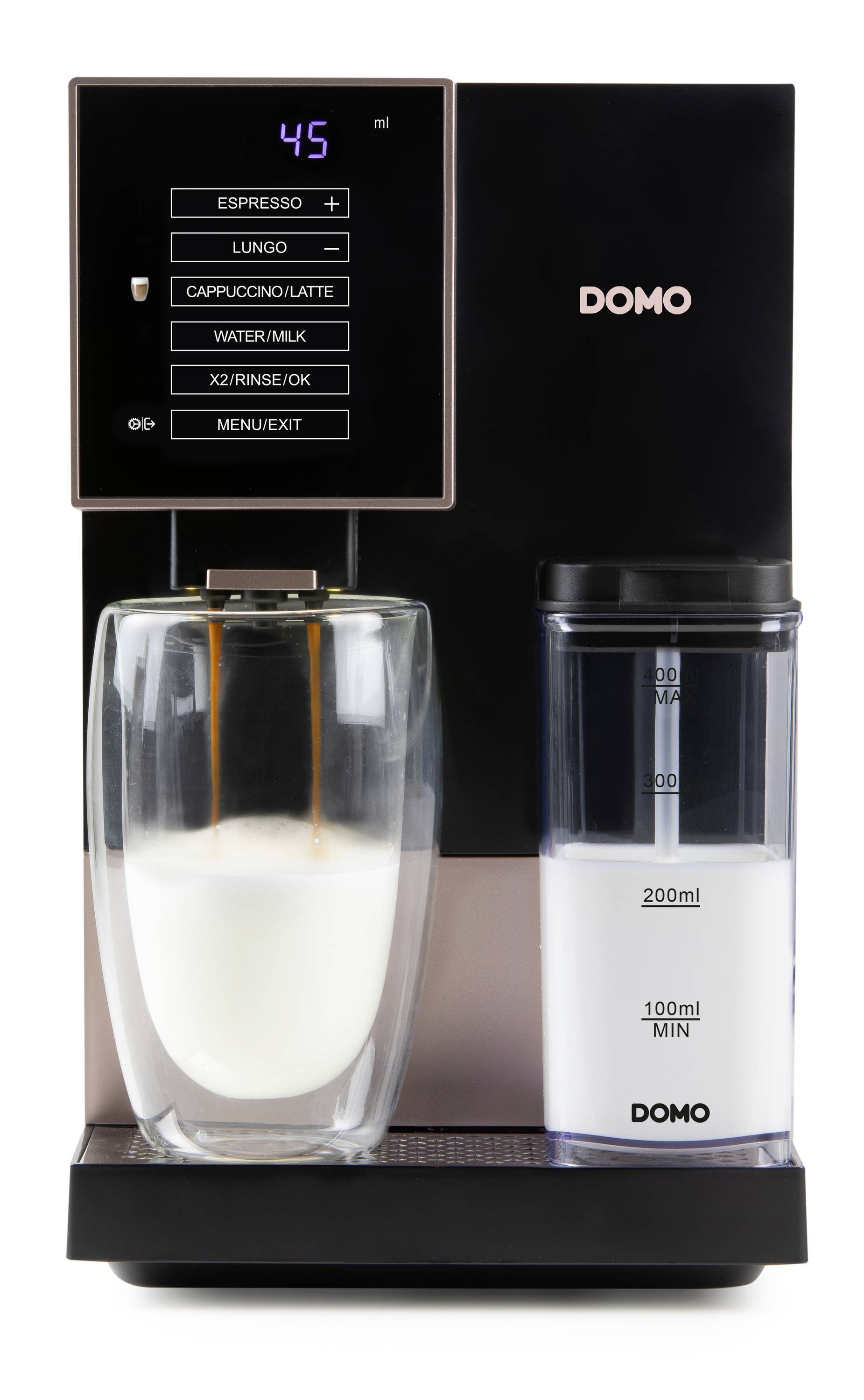Espresso machine with digital display showing '45 ml'. To the left, a glass of espresso, to the right, a milk container with scale '100-200 ml'.
