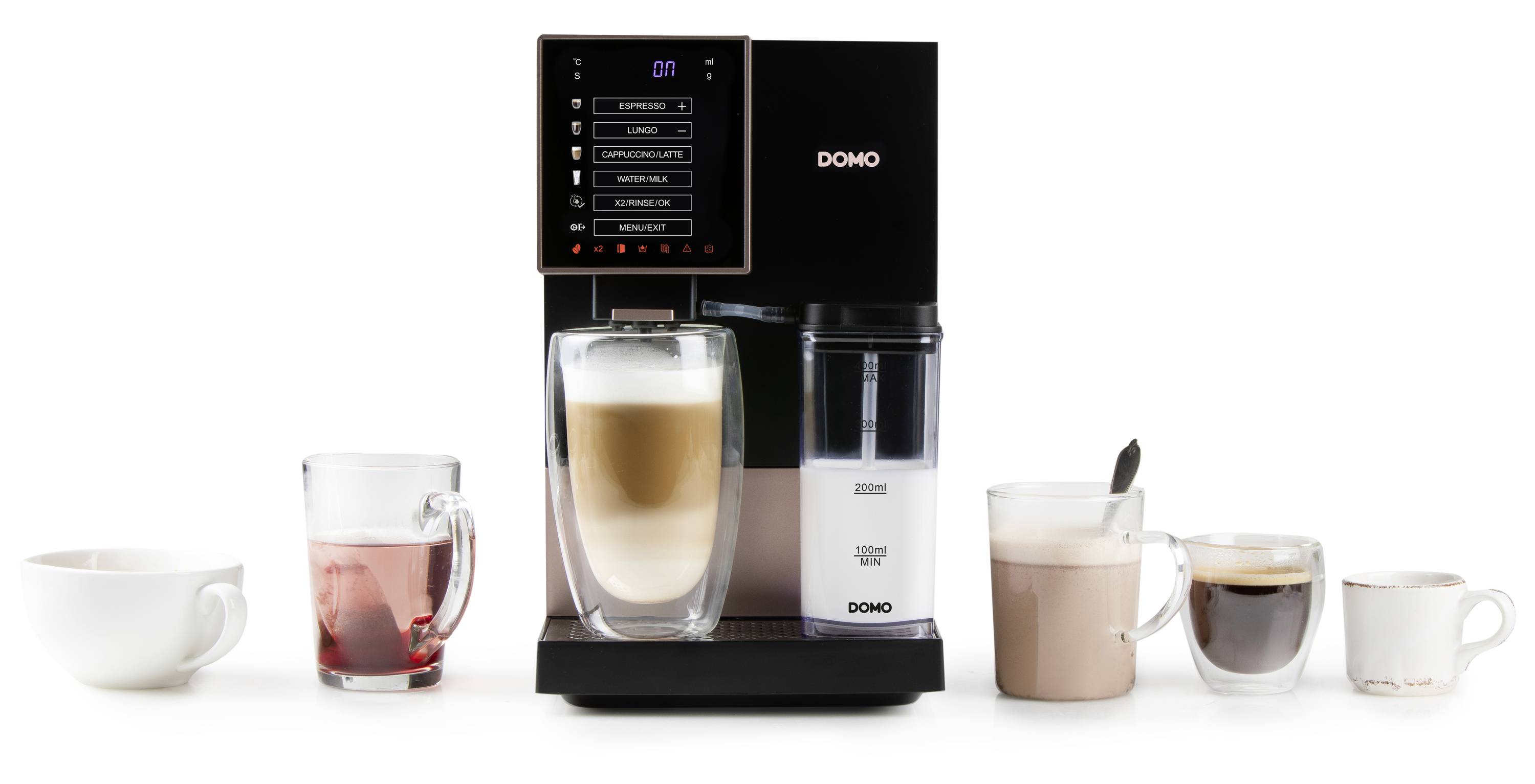 A coffee machine with multiple glasses displays various beverages: tea, latte, cappuccino, hot chocolate and espresso.