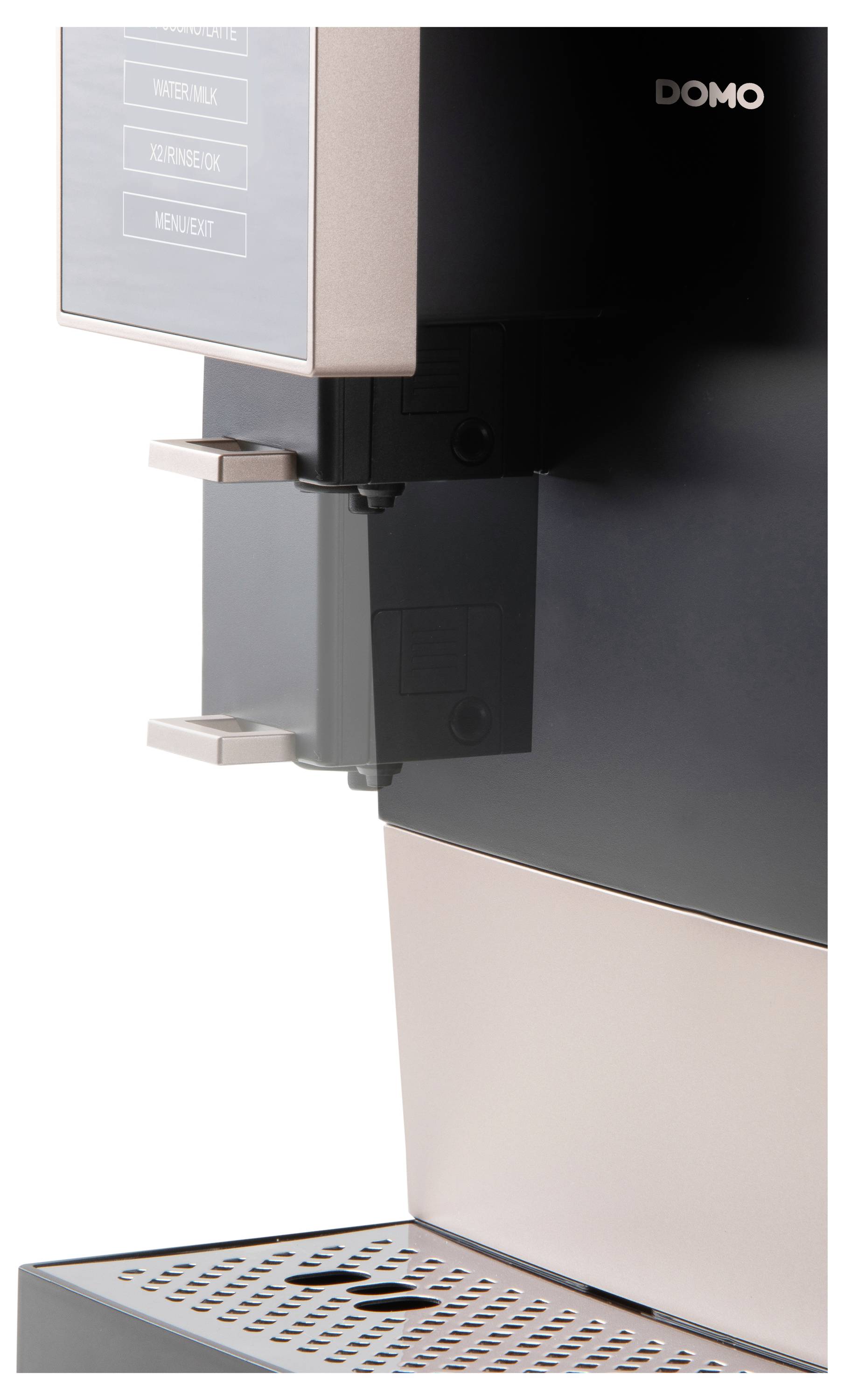 Coffee machine in close-up. Shows the control panel and cup holder.