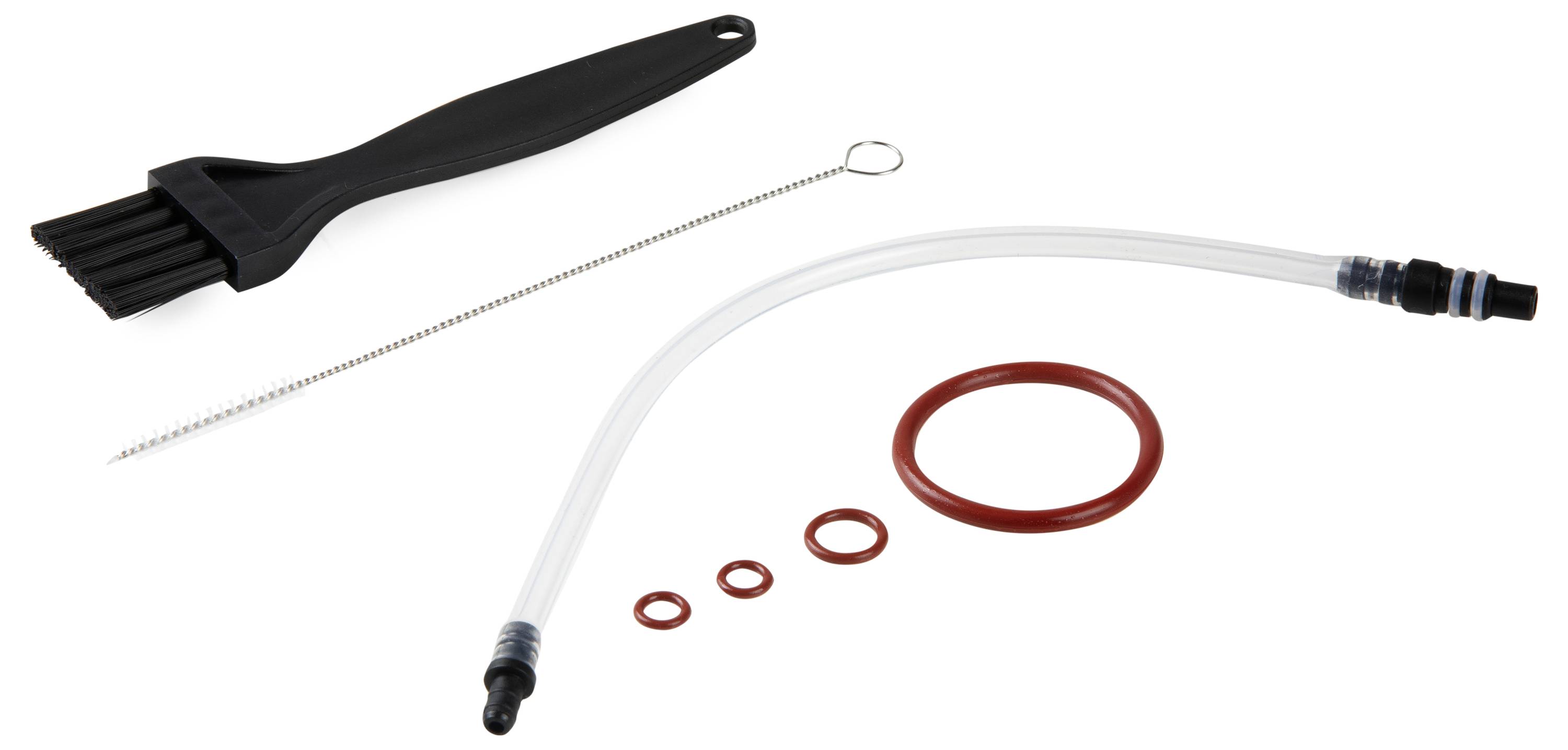 A cleaning set consisting of a black brush, a metal brush, a transparent hose and several sealing rings.