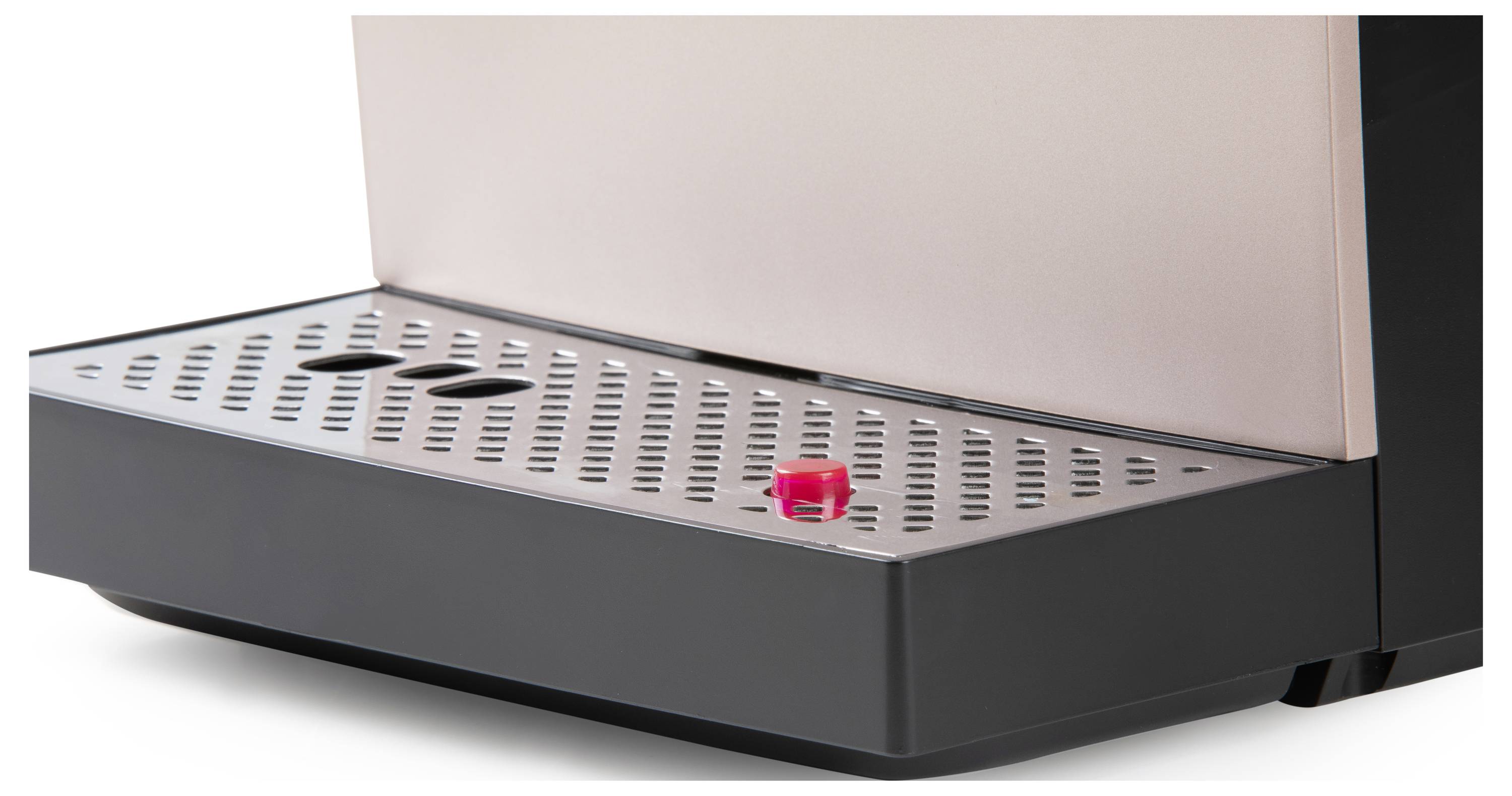 A coffee machine with a drip tray, showing two black holes and a red valve. Device designed in a minimalist style.