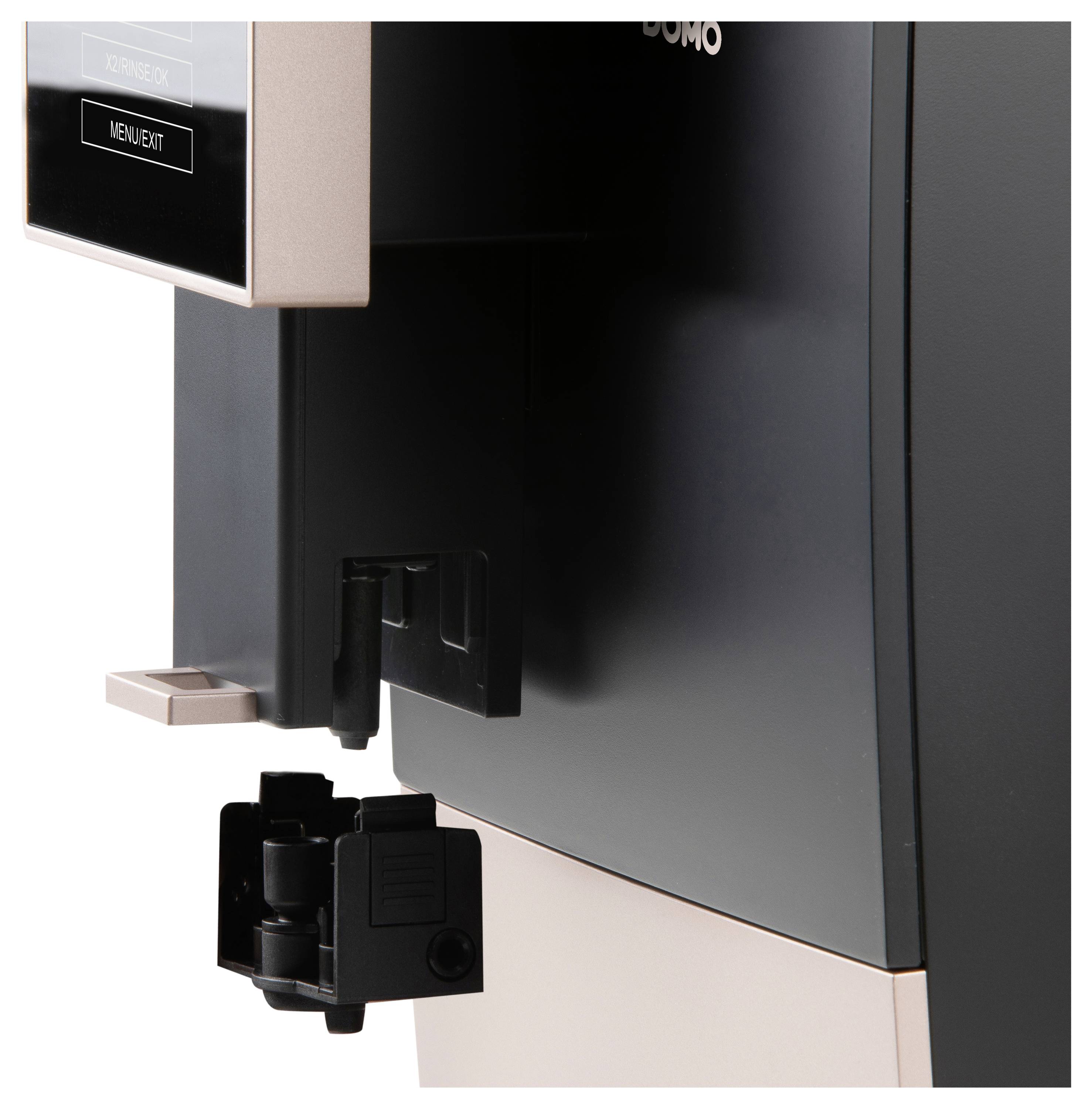 A section of a black and rose gold coffee machine with an LED display and buttons. The coffee outlet is visible.