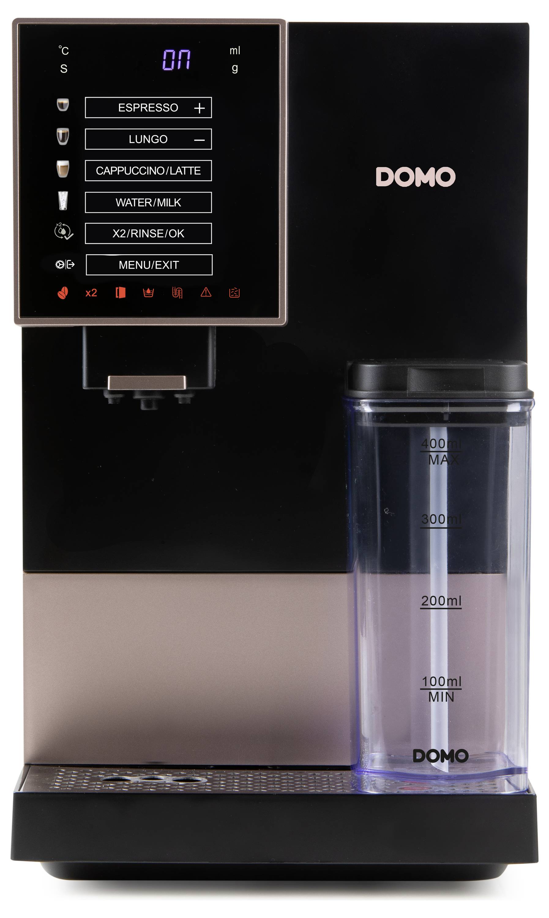 Coffee machine with digital display, buttons for different coffee types and water tank on the right-hand side.