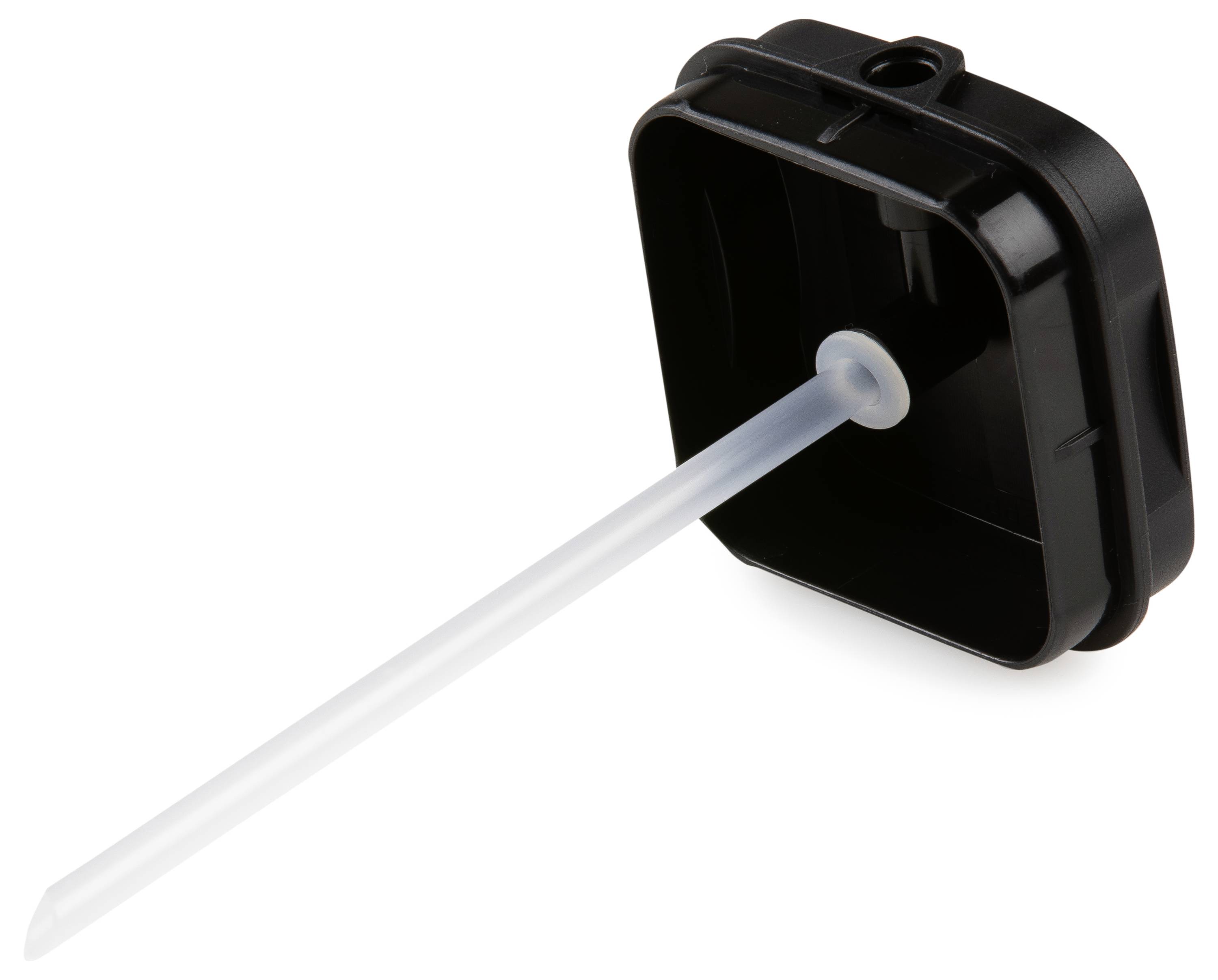 Black plastic lid with a long, thin rod.