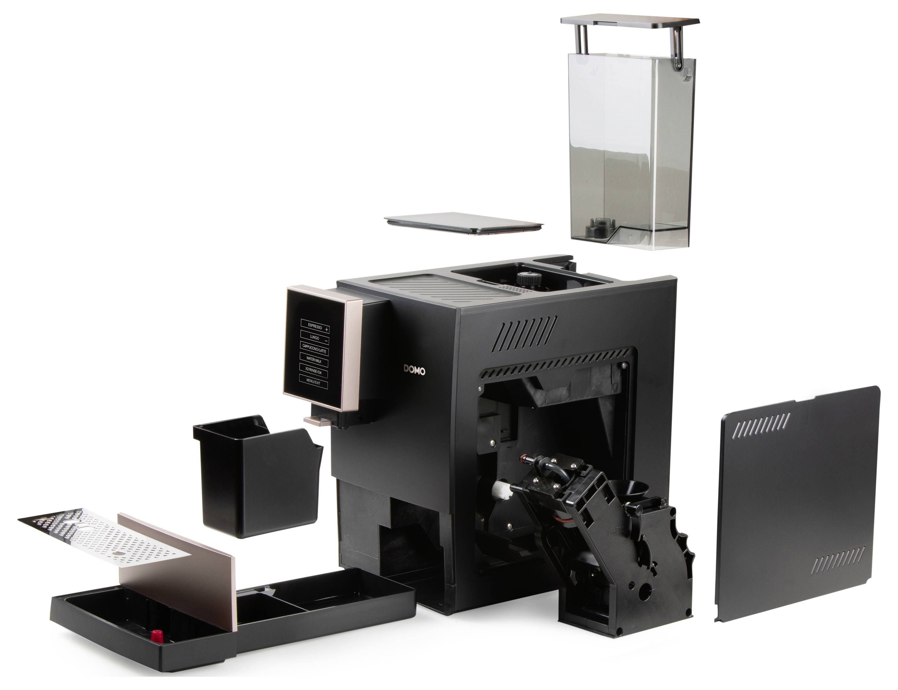 Dismantled Coffee Machine: Housing, water tank, drip tray, grinding mechanism and control panel are visible, showing the individual components.
