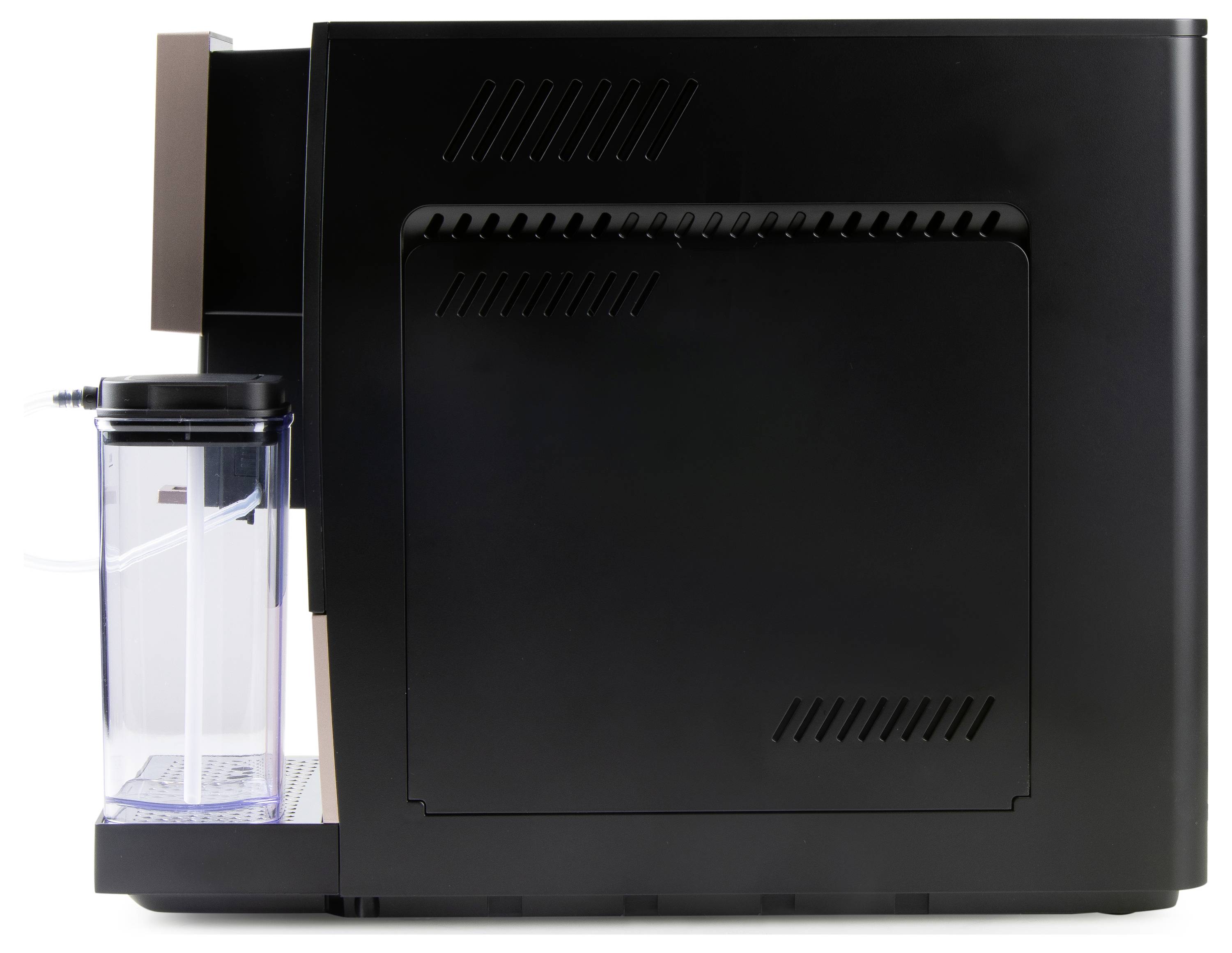Black coffee machine viewed from the side with a transparent water tank visible on the left.