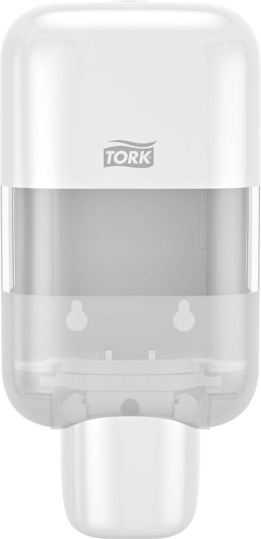 A white Tork plastic soap dispenser, half-filled, suitable for wall mounting.