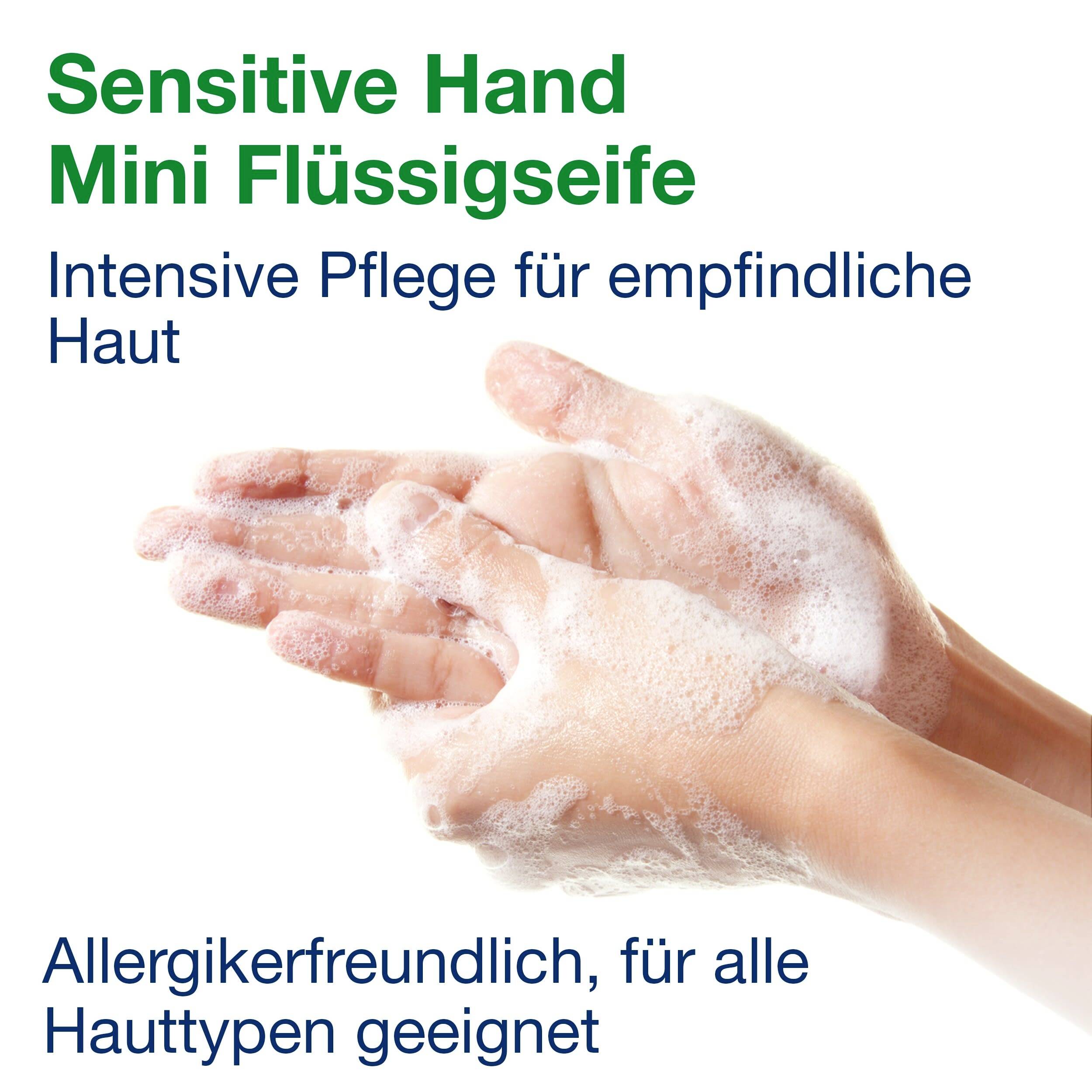 'Sensitive Hand Mini Liquid Soap' and description: 'Intensive Care for Sensitive Skin. Allergy-friendly, suitable for all skin types.' Image of hands with foam.